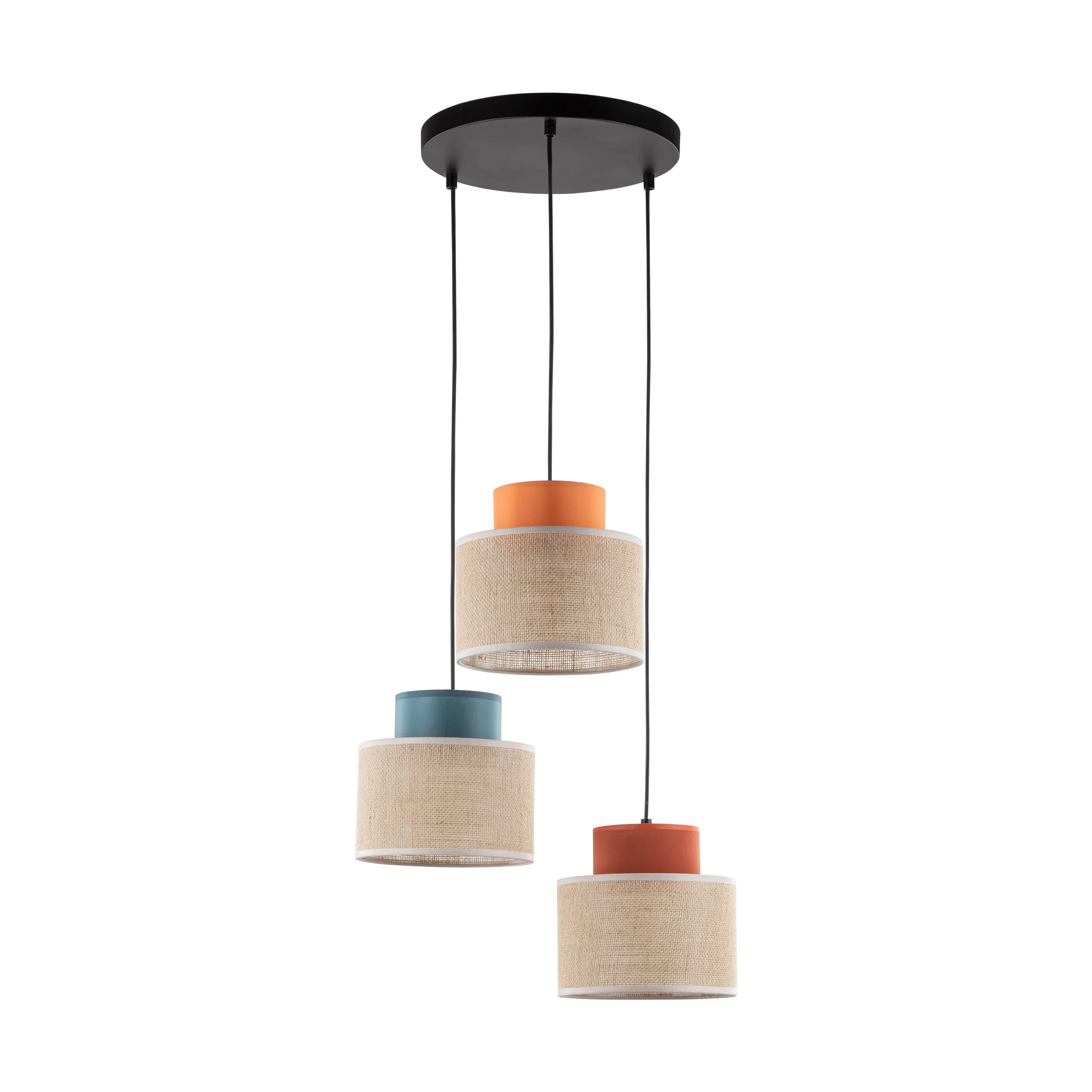 Lampa wisząca DUO JUTA MIX czarna z wielokolorowymi ceglanym niebieskim pomarańczowym elementami i brązowymi kloszami z tkaniny 110x35cm