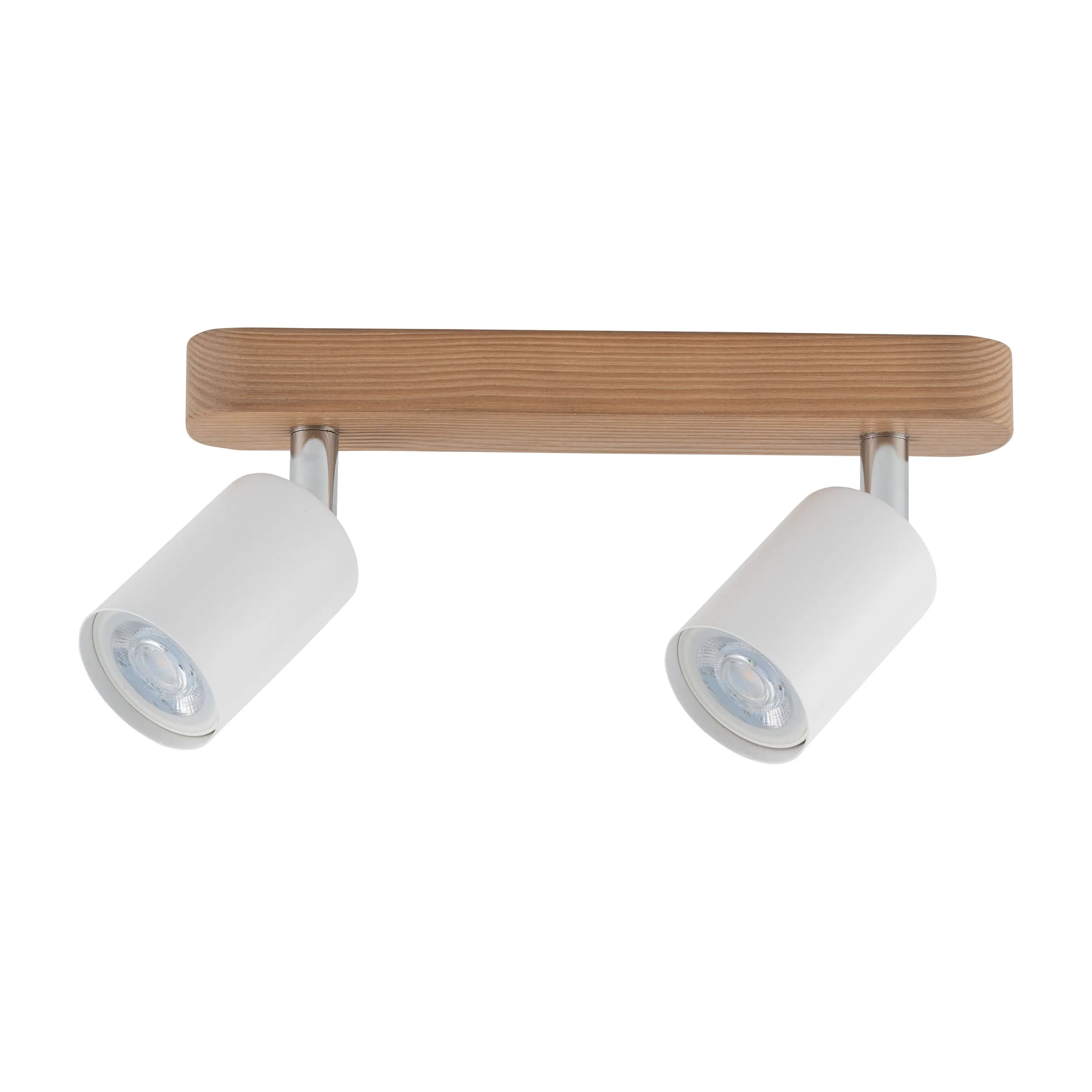 Lampa sufitowa TOP podwójna biała z chromowanymi elementami na drewnianej sosnowej listwie 35x18x14cm