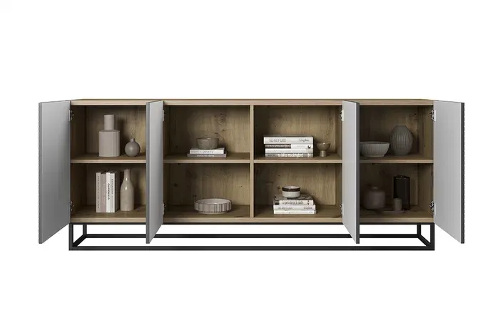 Komoda 4-drzwiowa ASHA 200 4D - szary - dąb artisan - czarny stelaż - ryflowany front - B_52124