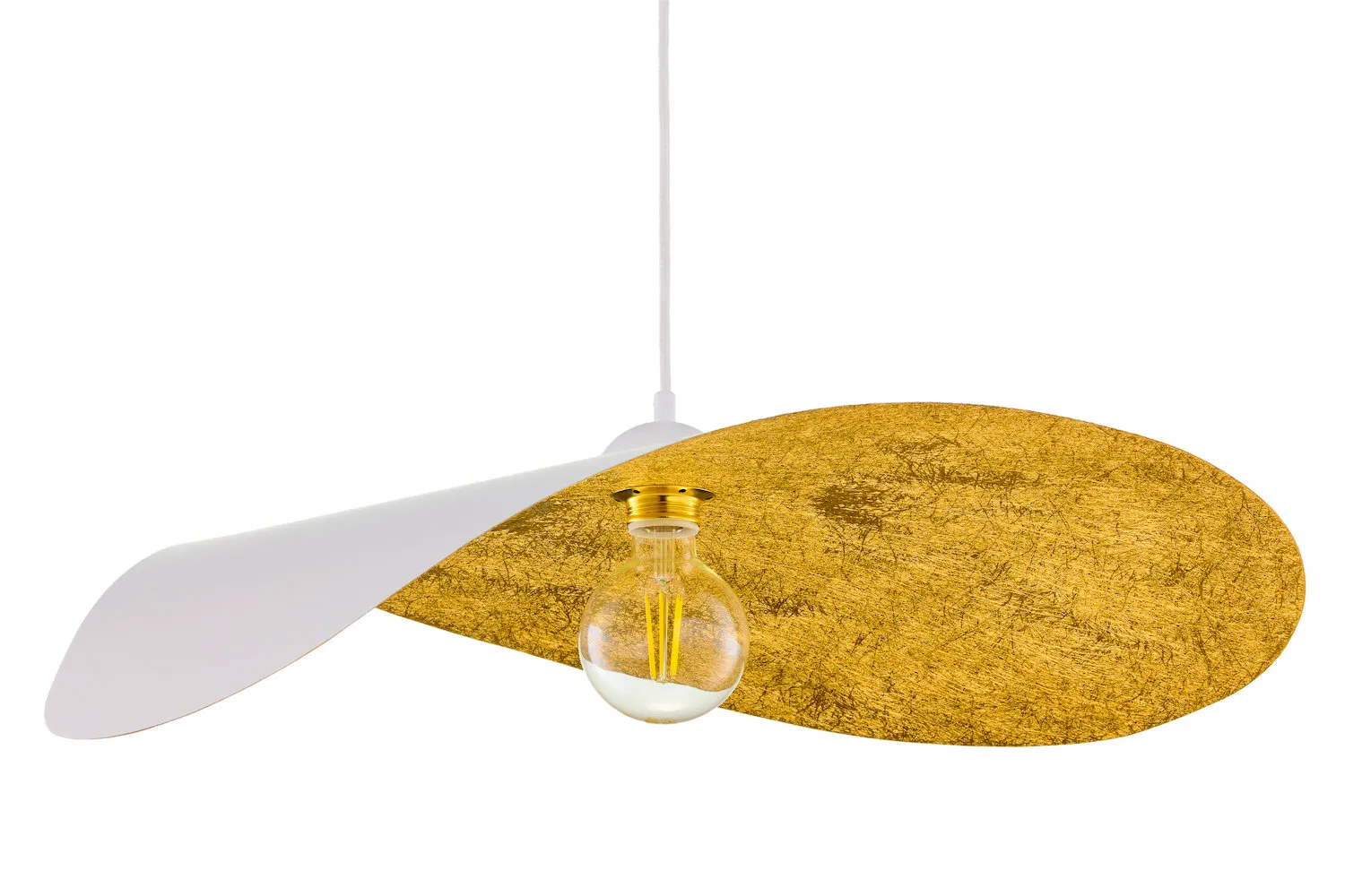 image lampa wisząca, żarówka dekoracyjna, metalowy klosz, złoty kolor, designer light