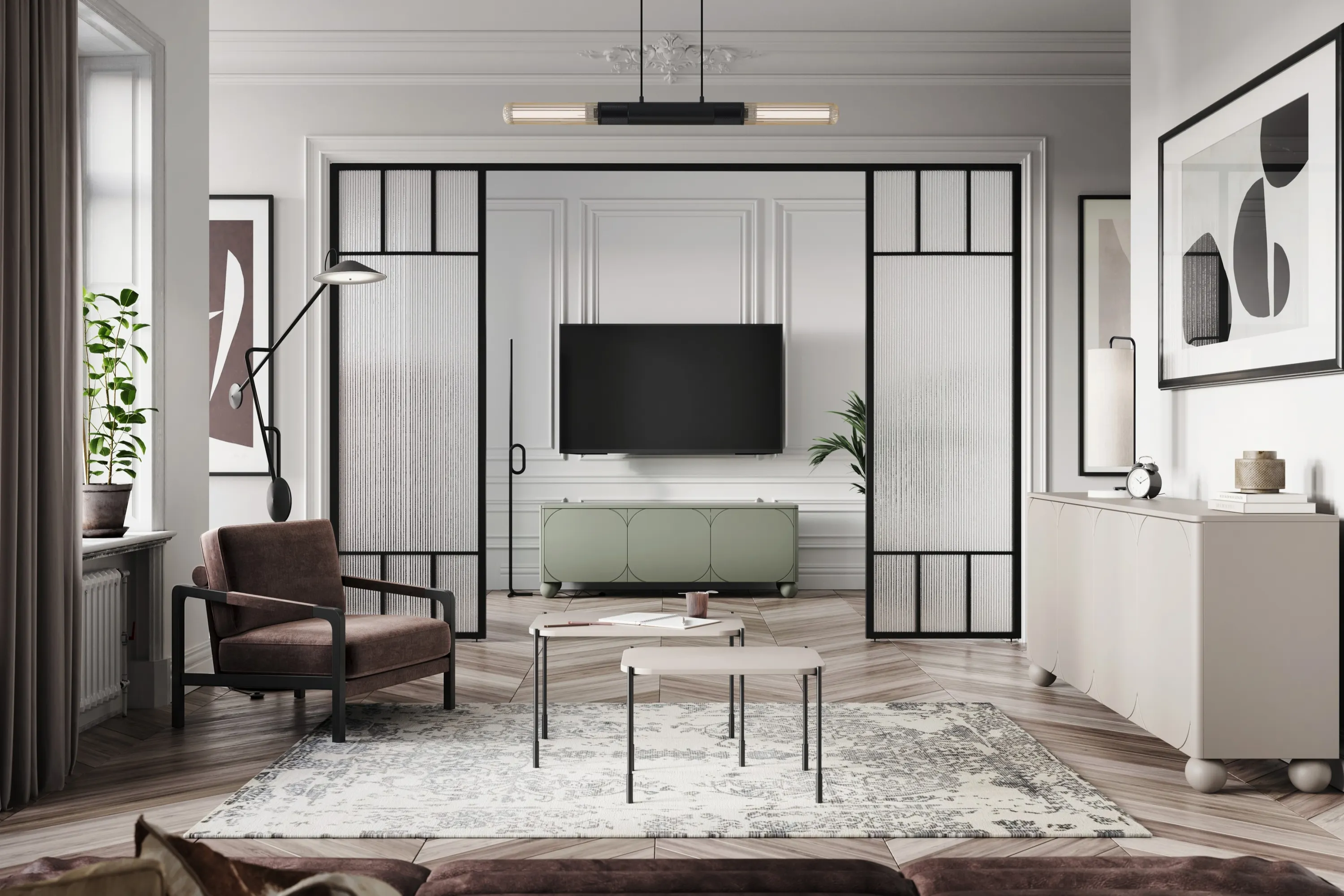 Komoda 4-drzwiowa z 4 szufladami SONATIA 200cm cashmere nogi kule — zdjęcie 6