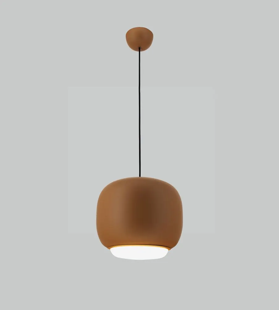 lampa wisząca, korpus kulisty, kolor brązowy, źródło światła, montaż sufitowy