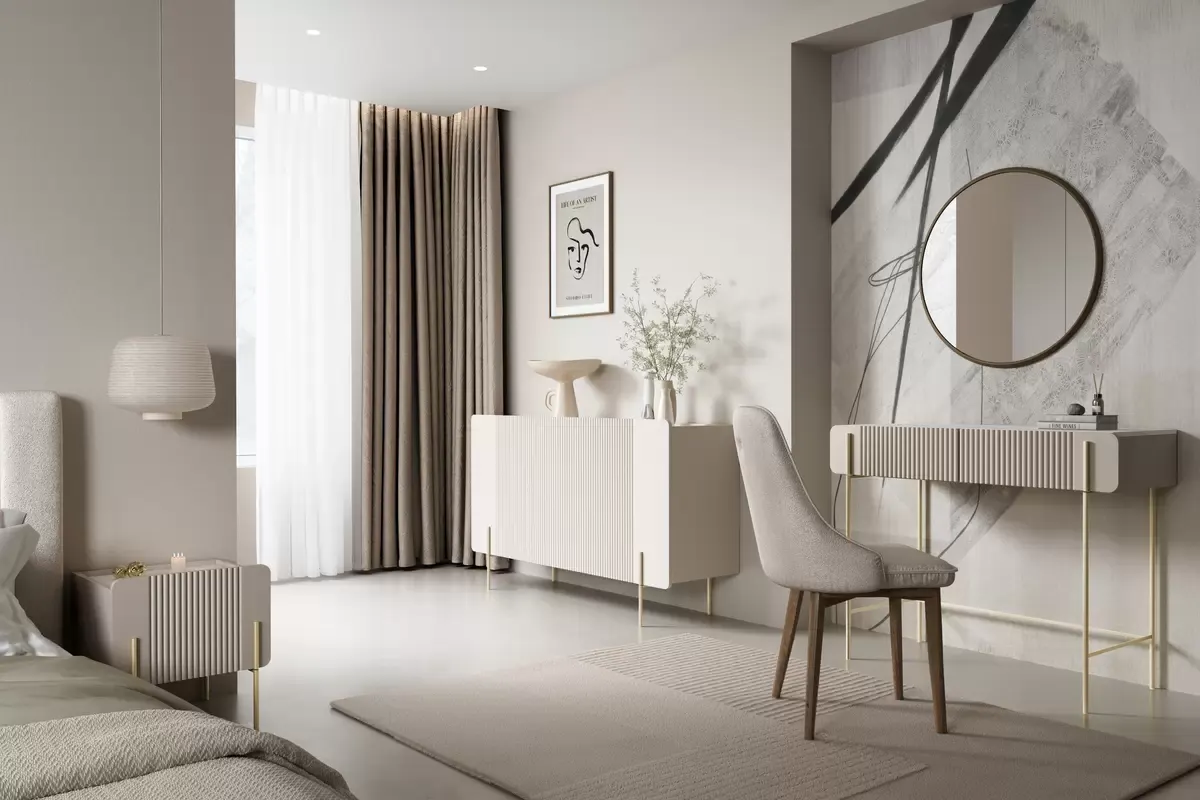 MALMI Komoda 150 3D - cashmere / crema bianca / złote nogi - B_156232