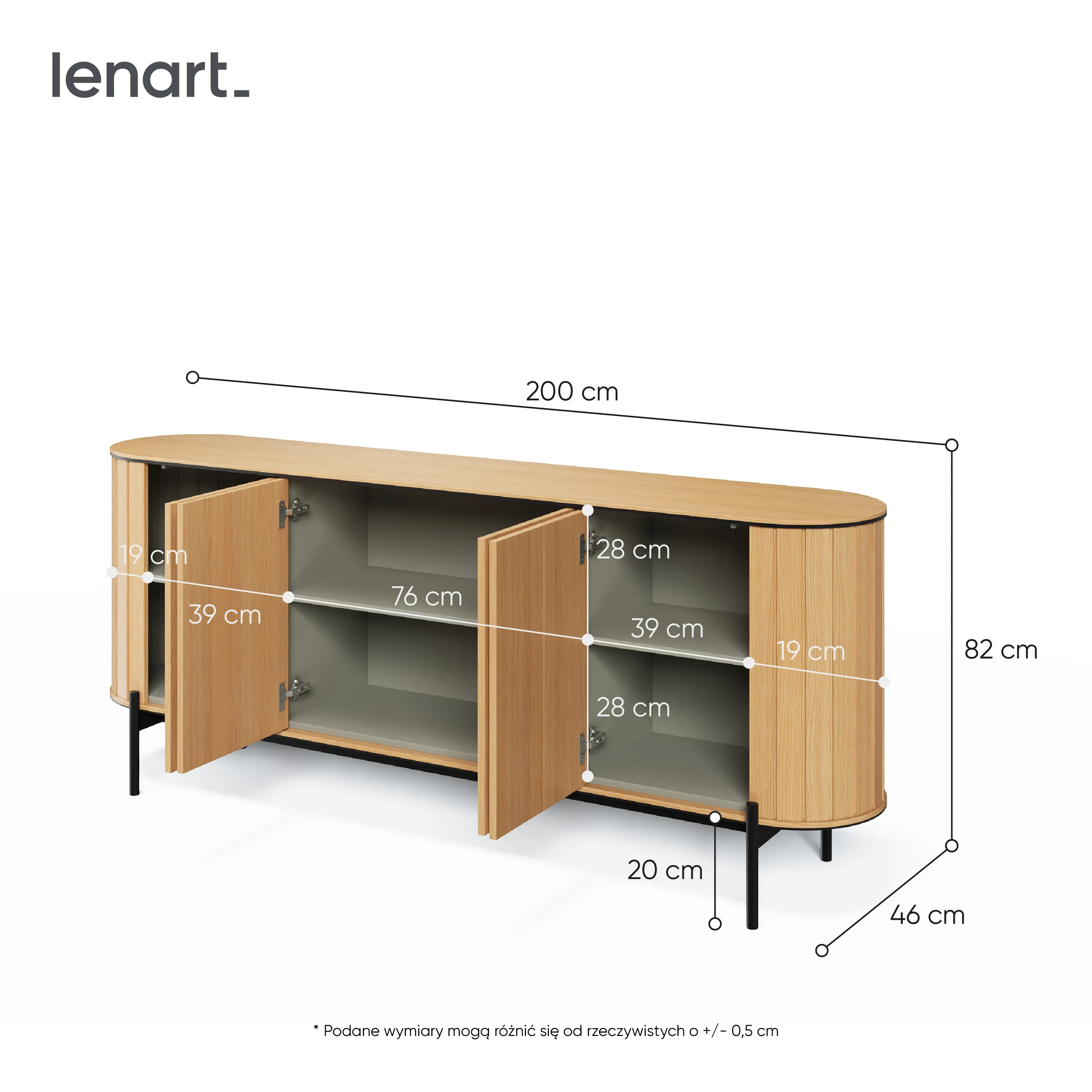 Zaokrąglona komoda 4-drzwiowa Rotto RT-04 200cm dąb vincenza/eukaliptus - RT4DE