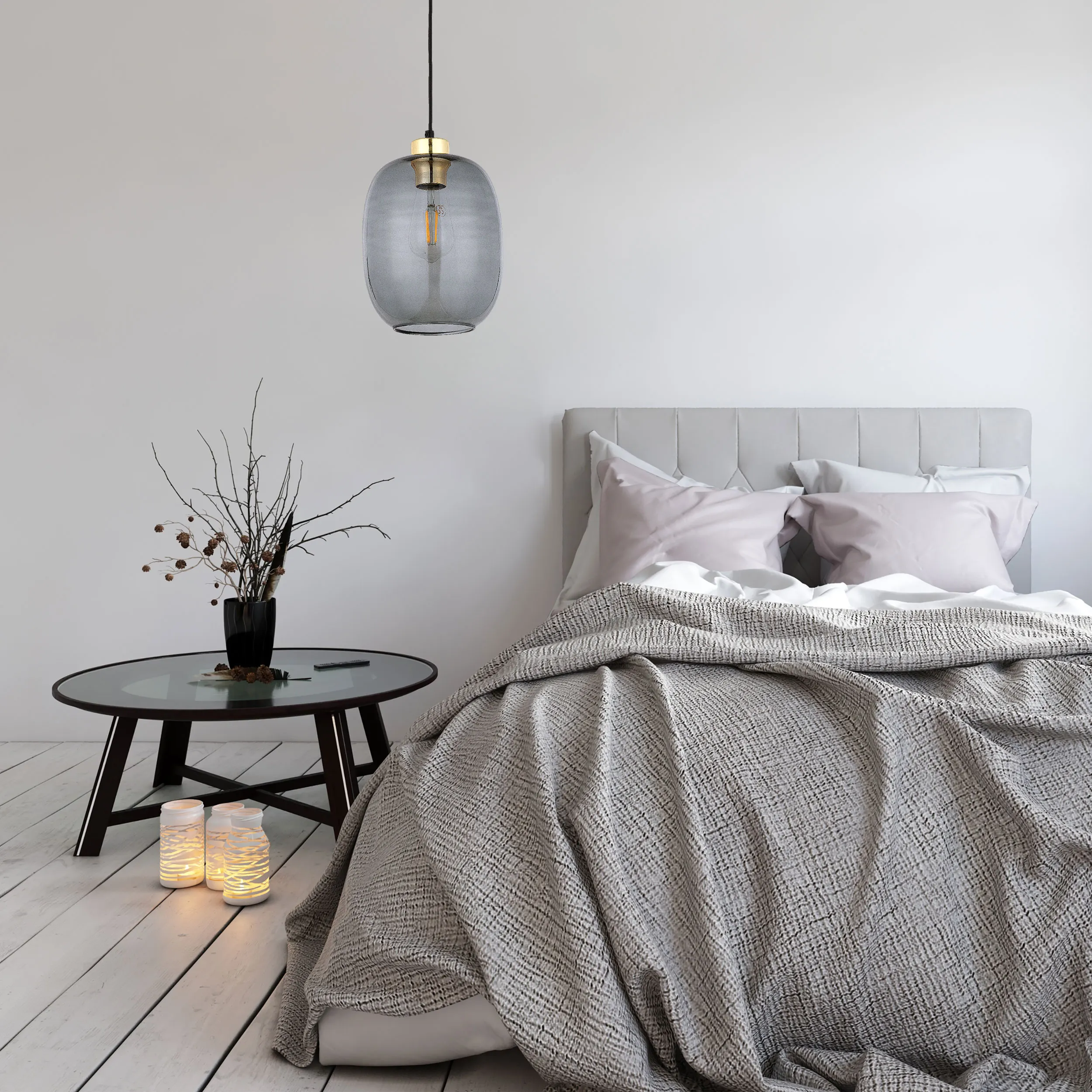 Lampa wisząca OMEGA czarna ze złotym elementem szarym szklanym kloszem 170x20cm - TK_4572