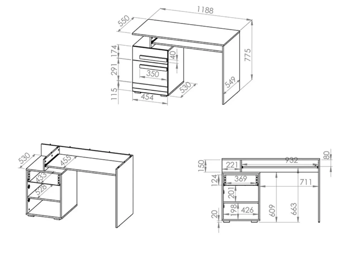 Biurko z szafką, szufladą i wysuwaną półką BLANCO 11 sosna śnieżna - 1BLAN11-001