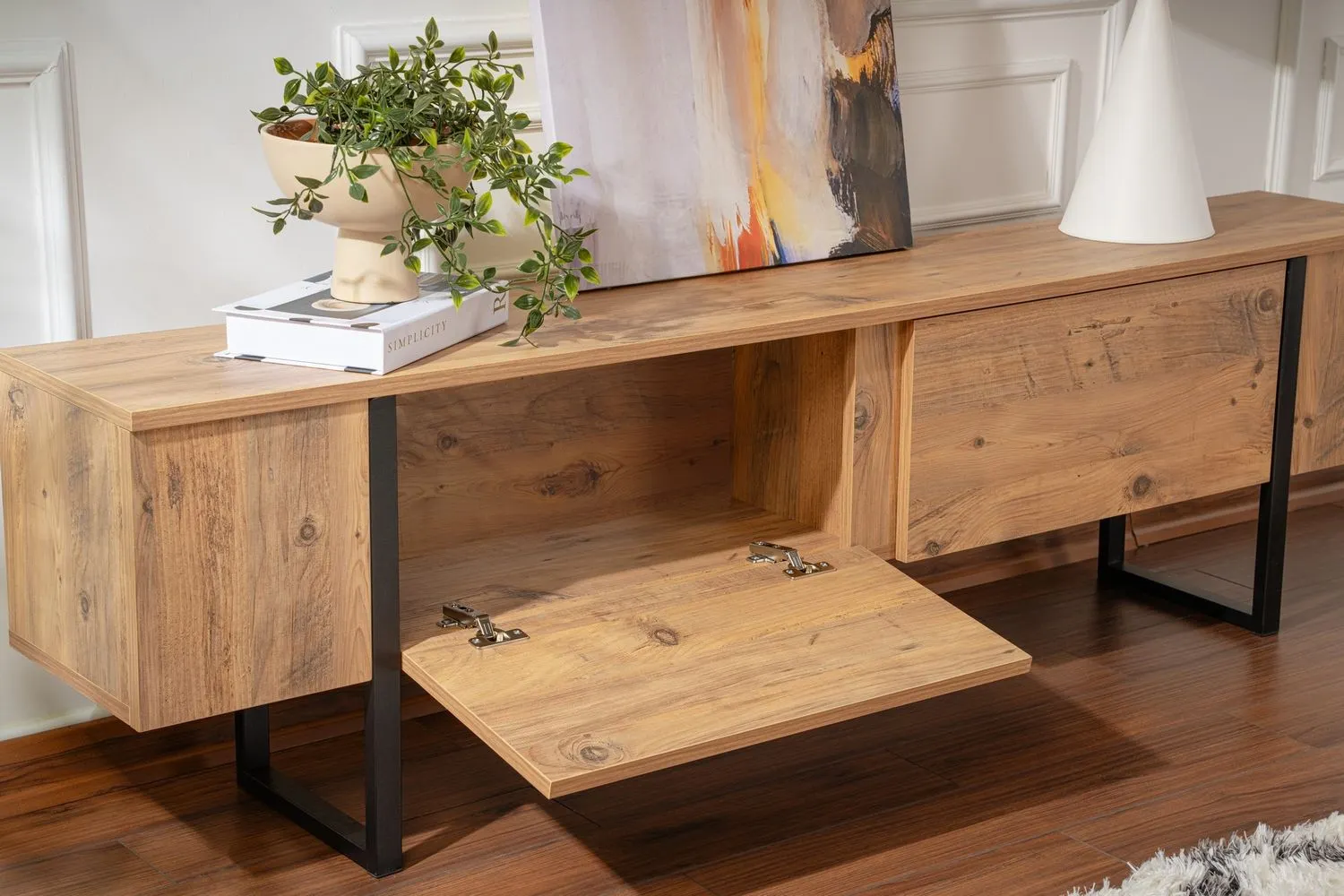 Szafka RTV drewniana 2-drzwiowa SERENITY 180 cm sosna atlantycka czarny stelaż - ASI_241NRD1311