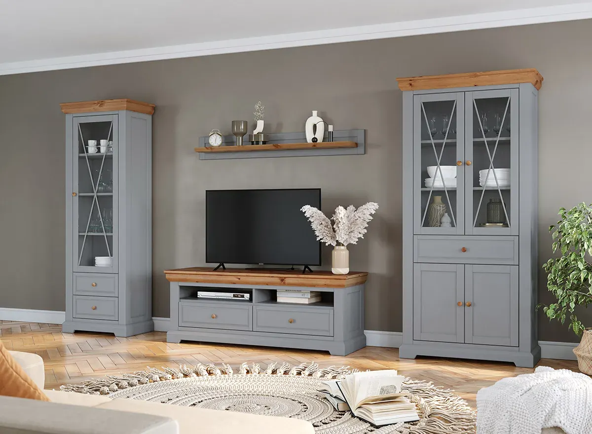 Szafka RTV drewniana z 2 szufladami ELITE MARONE popielata - PLMEL09/S