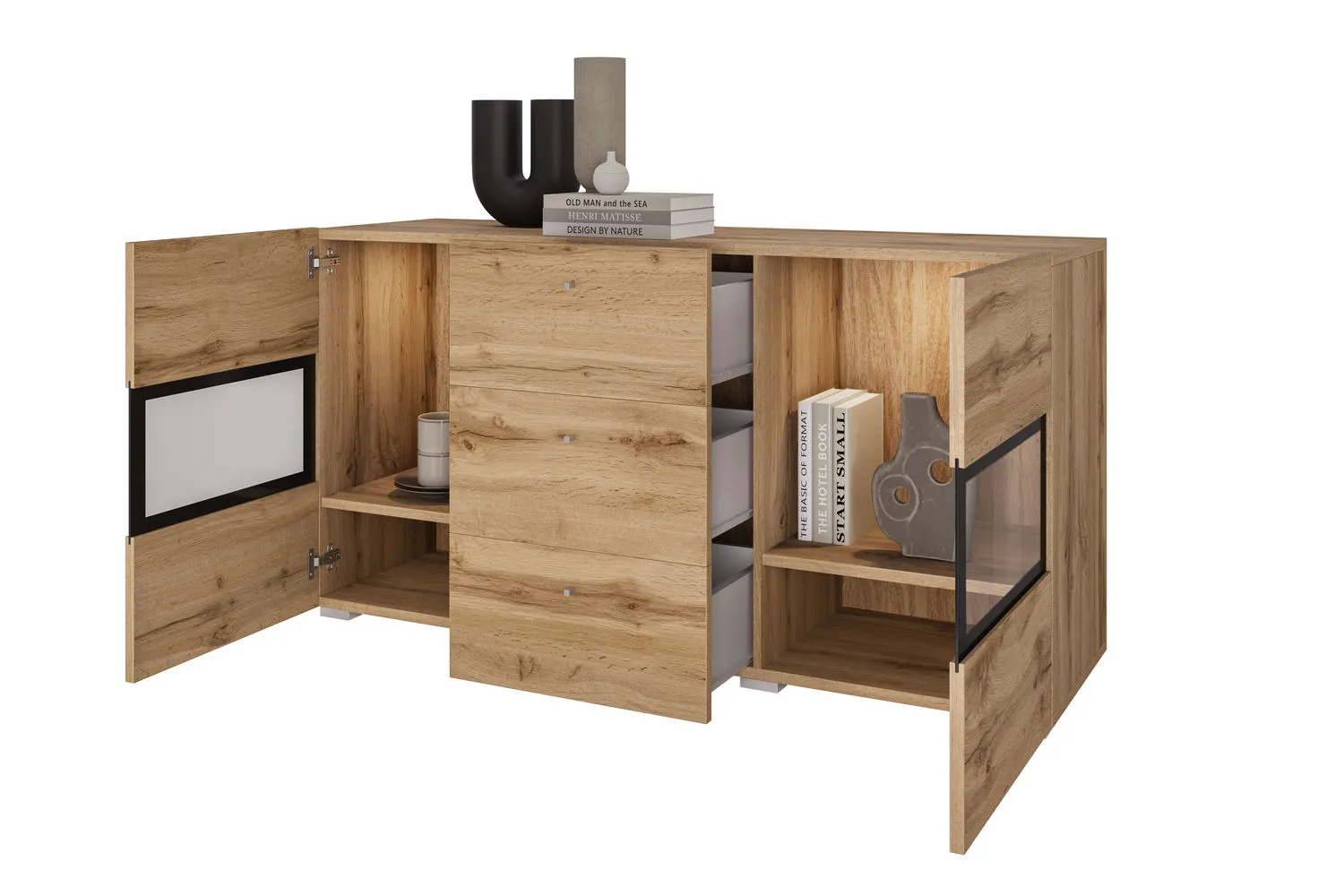 Komoda 2-drzwiowa z szufladami BAROS szklana dąb wotan - 24N0BM26