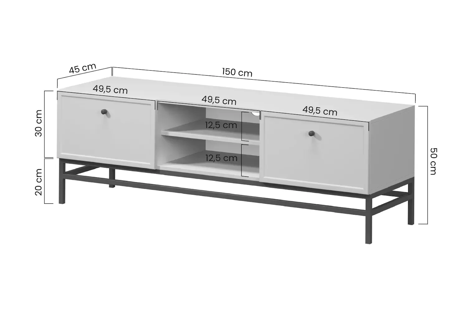 Szafka RTV z 2 szufladami LORINI 150 - cashmere uchwyt T-bar czarny stelaż czarny - B_166818