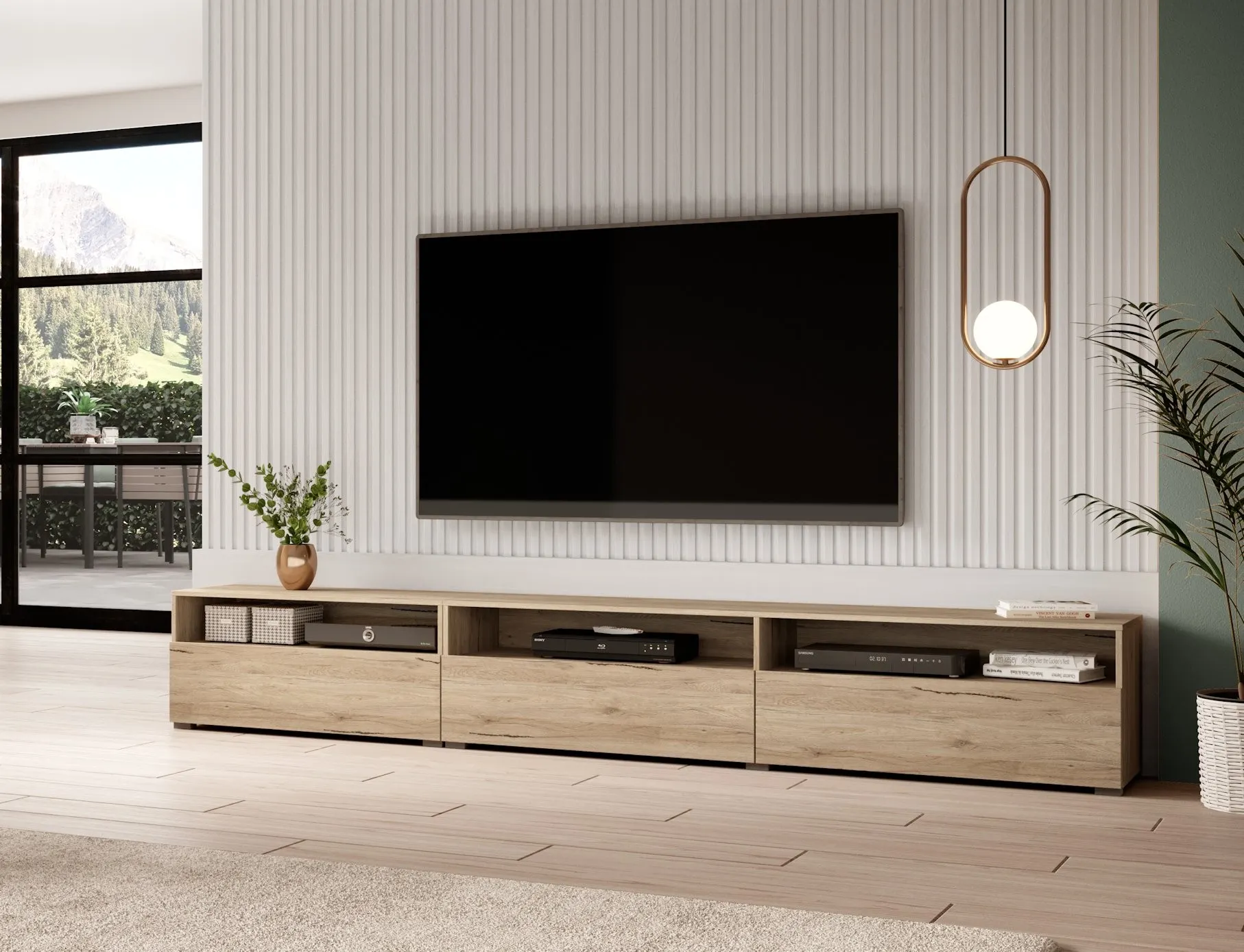 Szafka RTV BAROS 40 trzydrzwiowa stojąca wisząca biała 270x41x40cm — zdjęcie 3
