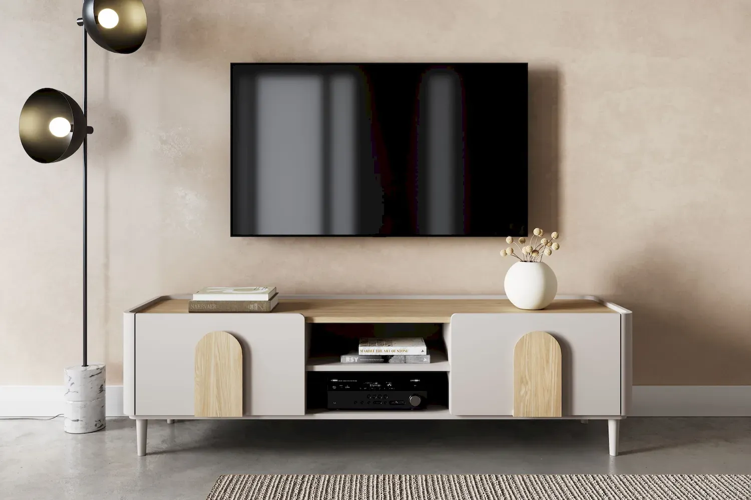 Szafka RTV z klapą i szufladą AMILIO 170 - cashmere dąb olejowany uchwyty dąb jasny nogi cashmere - B_169224