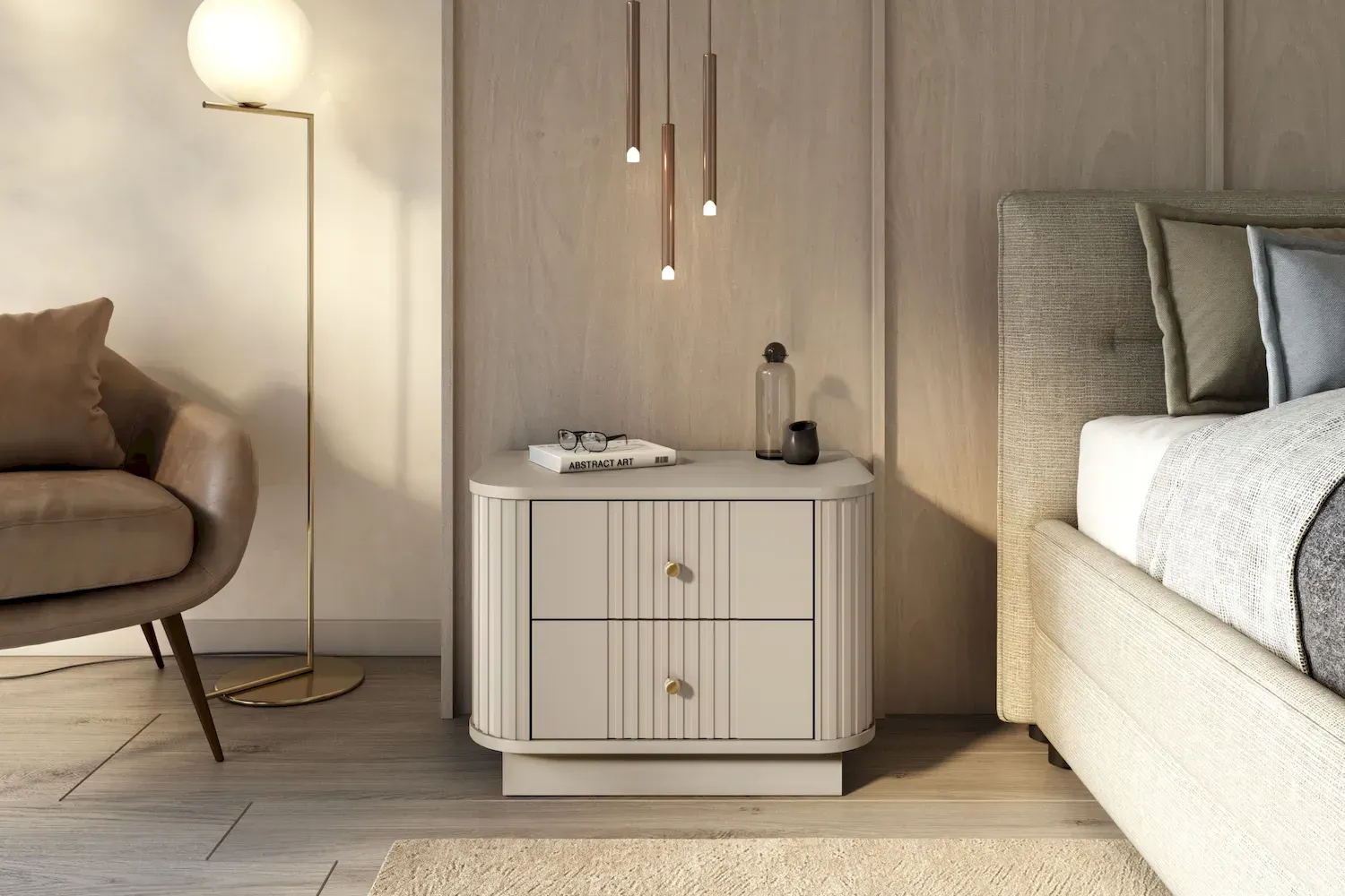 Zestaw szafka nocna z 2 szufladami VESPER 2-set ryflowany front - cashmere złote uchwyty cokół - B_169465
