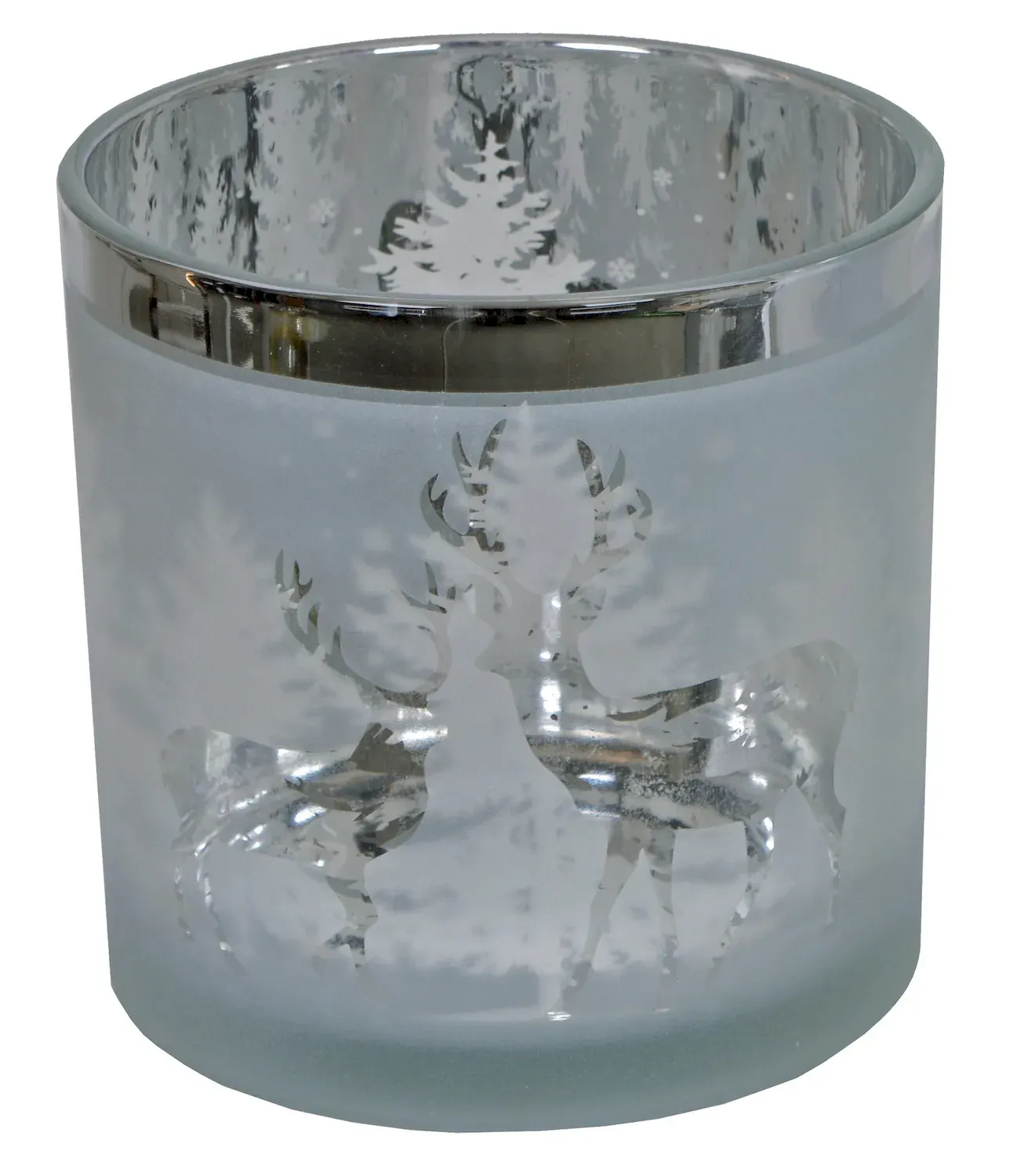 ŚWIECZNIK szklany ZE SREBRNYMI RENIFERAMI duży