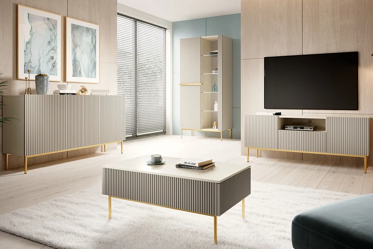 Szafka RTV NICOLE 150 z szufladą i wnęką - kremowy - złoty stelaż - B_55544