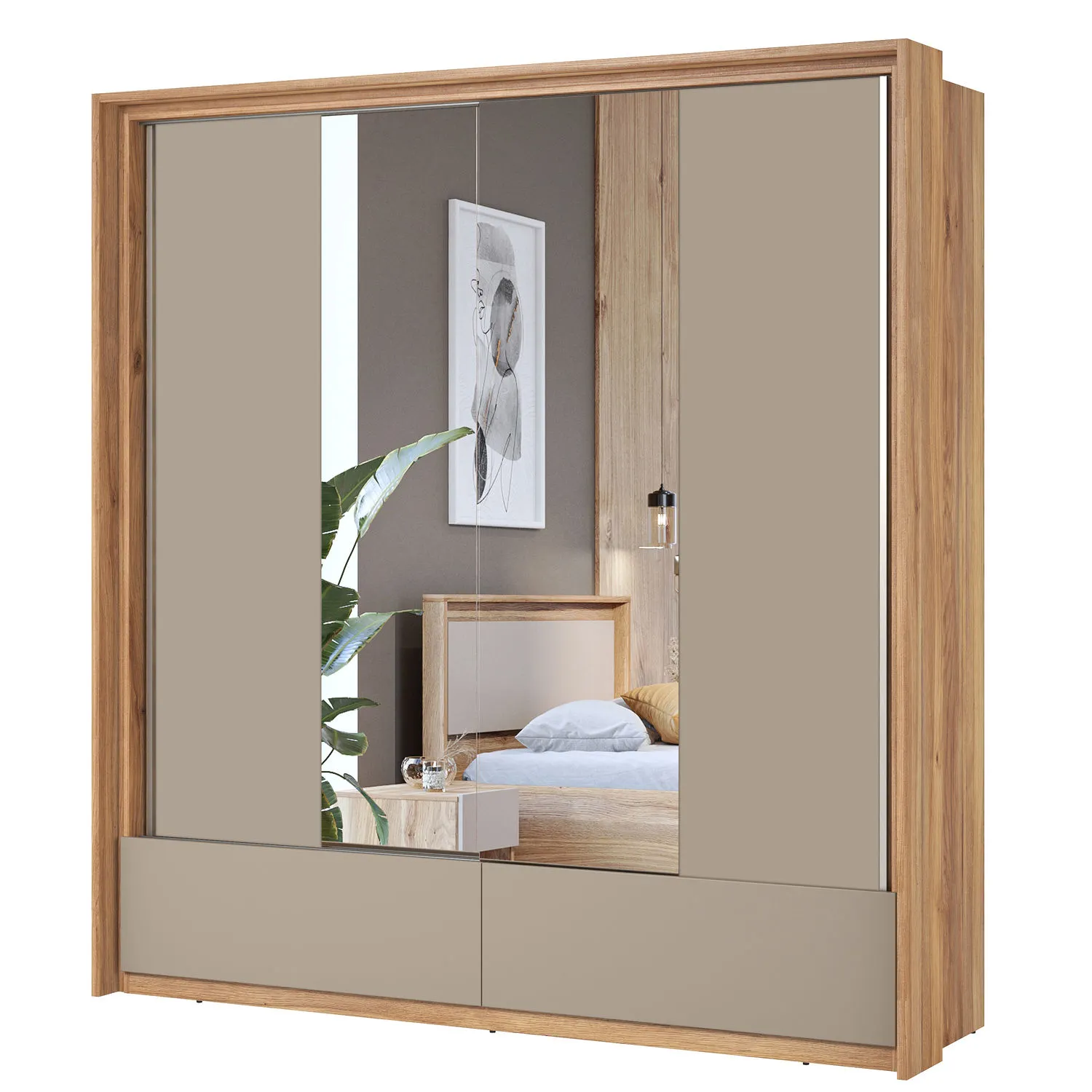 Szafa 2-drzwiowa z lustrem i szufladami IMPRESSIO 209x219 dąb mauvella congo - 24MCNJ63