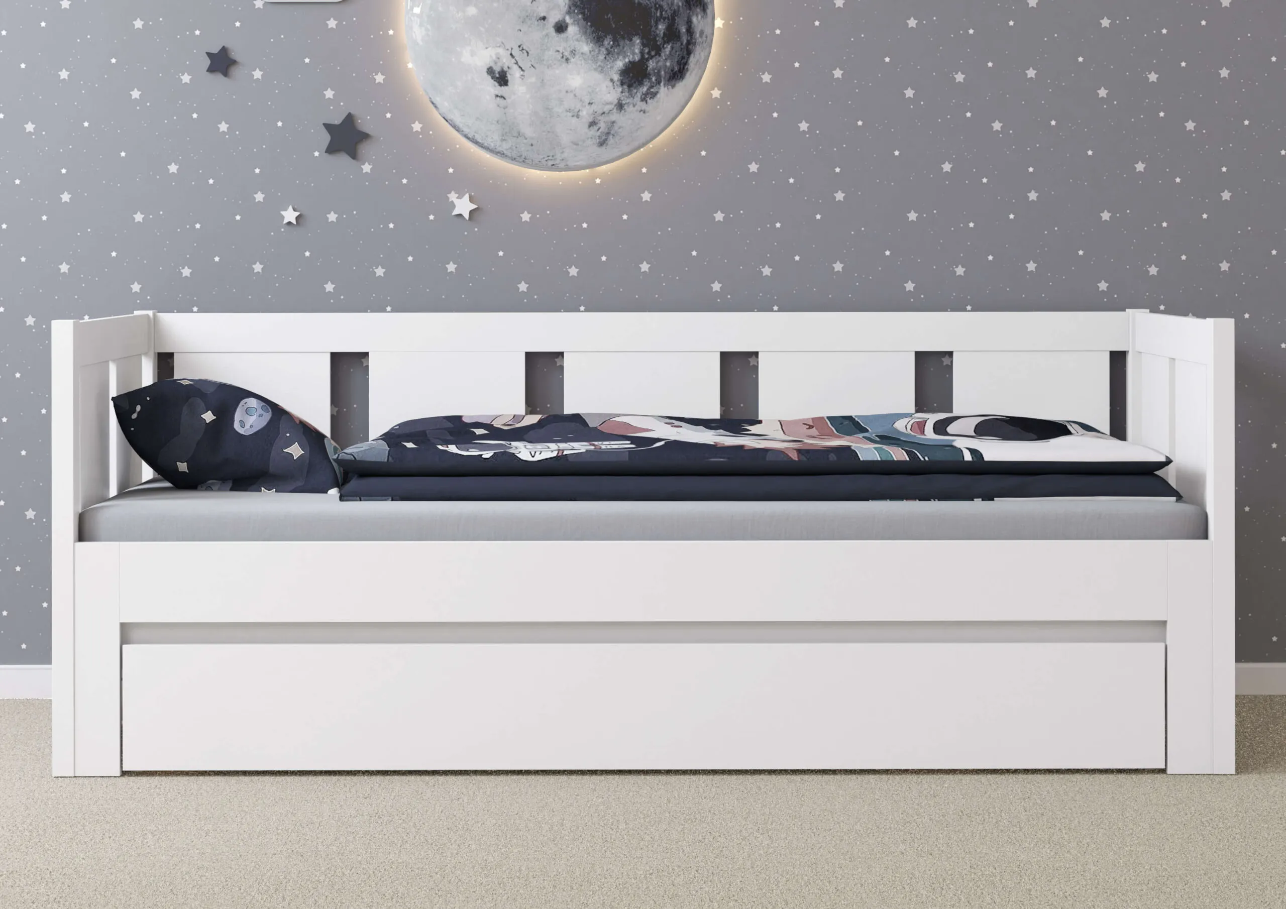 Łóżko drewniane rozkładane MOON 90x200 z oparciem białe - LMOONBIA90