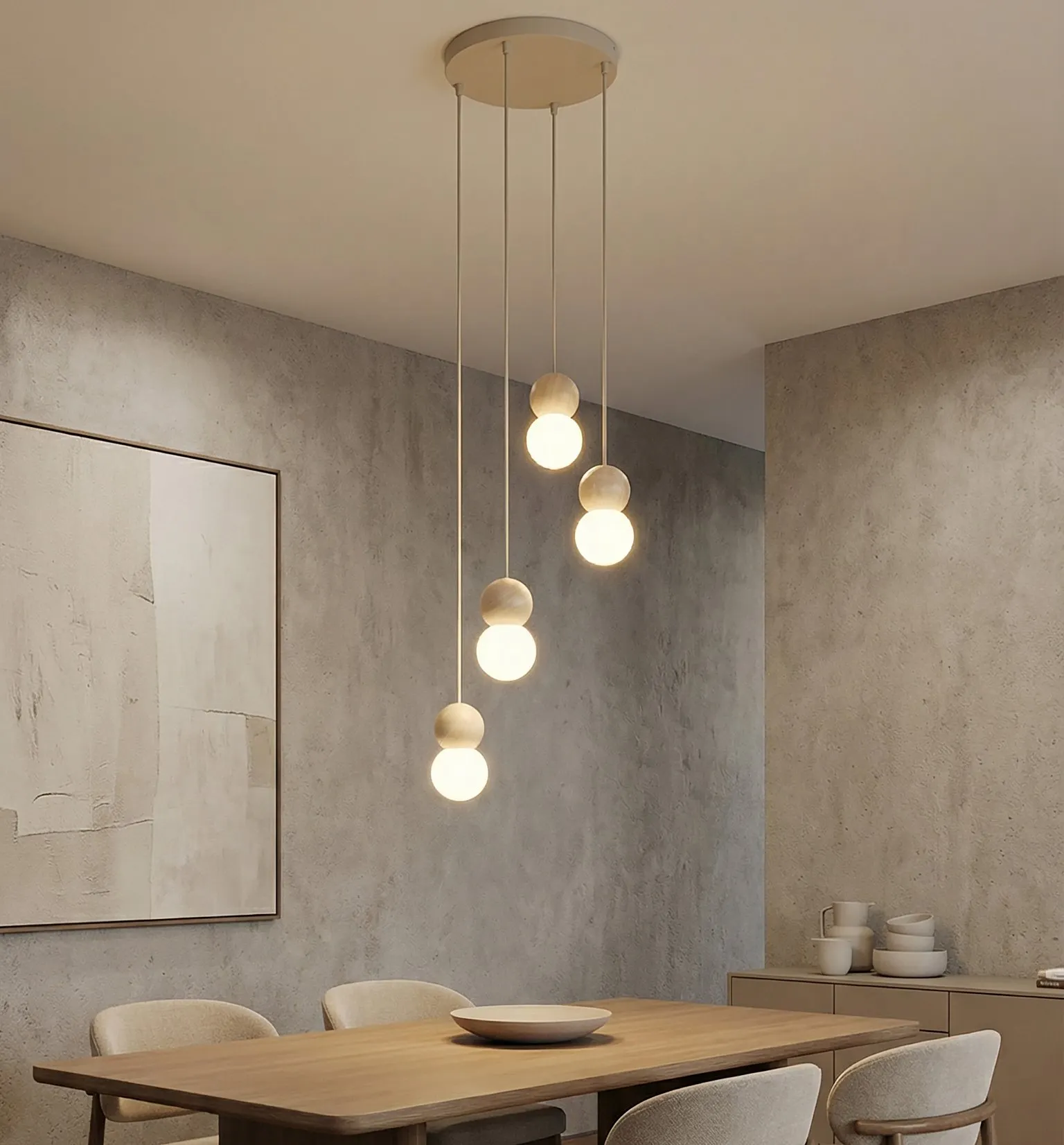 image lampa wisząca, pendant lamp, kule światła, styl skandynawski, jadalnia