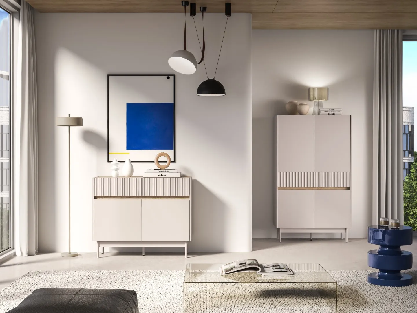 Komoda 2-drzwiowa z szufladami DUNEA 104x85 ryflowana kaszmir - dąb cremona - 1DUNE06-001