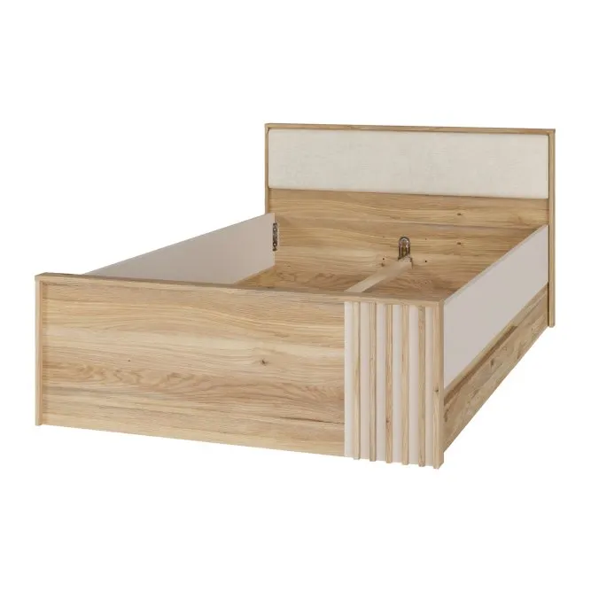 łóżko jednoosobowe, drewniane, stelaż z listwami, biało-beżowy panel, pojemnik/ramia