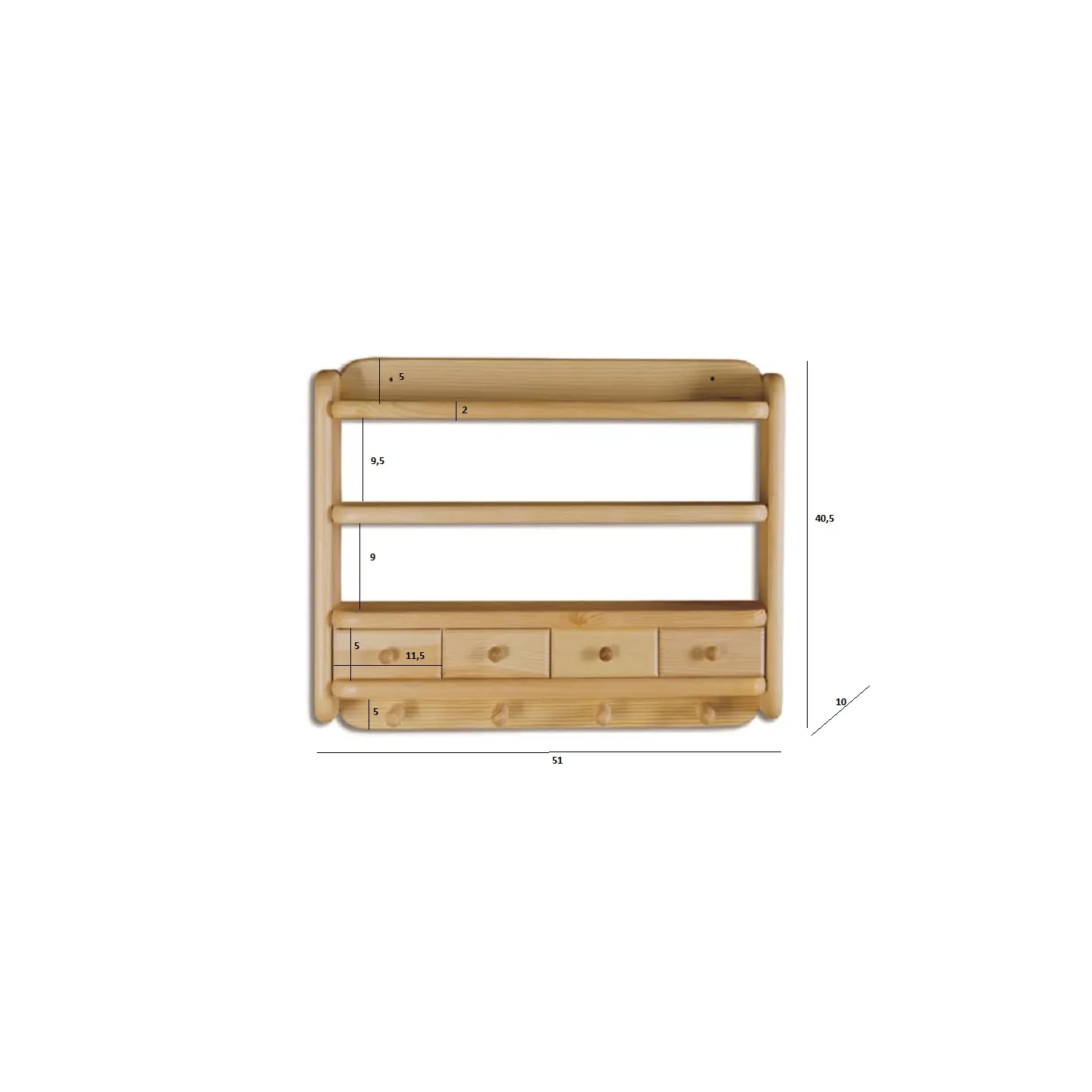 PK118_WYMIARY PK118 półka S50 W40 G10 sosna olcha DREWMAX - 01654