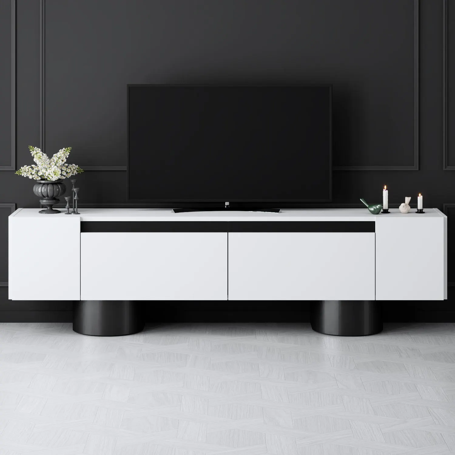 Szafka RTV z 2 klapami na blaszanych nogach BOHEM 180x50x30 cm biały czarny — zdjęcie 4