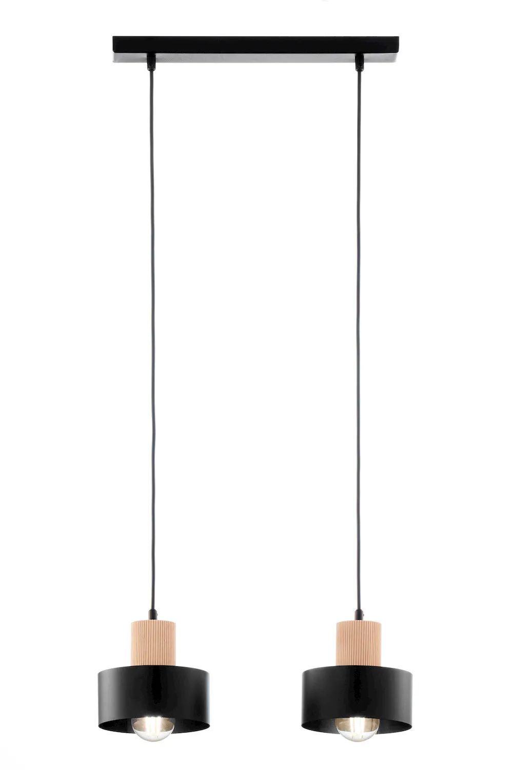 image lampa wisząca, podwójna lampa, czarne metal, drewniane akcenty, pendant light