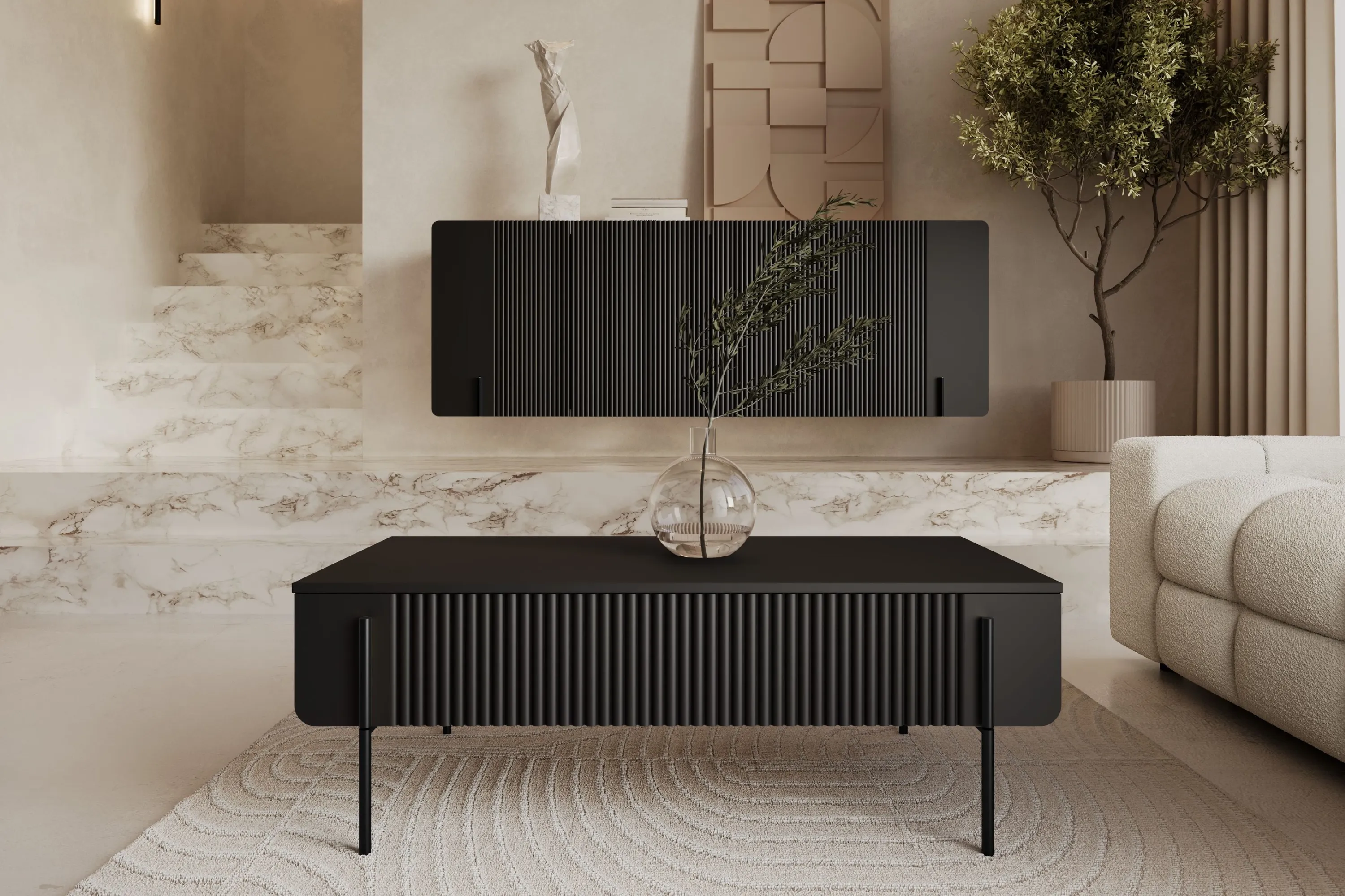 Stolik kawowy z 2 szufladami MALMI ryflowany front 60x100cm - czarny - B_166962