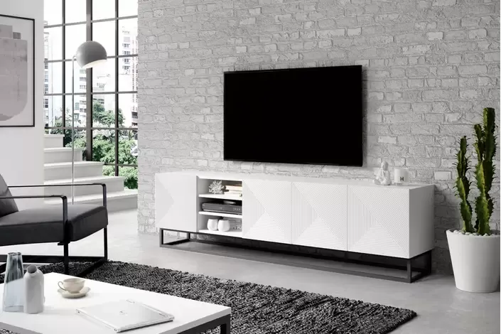 Szafka RTV ASHA 200 4D z wnęką - biały mat- ryflowany front - stelaż czarny - B_52531