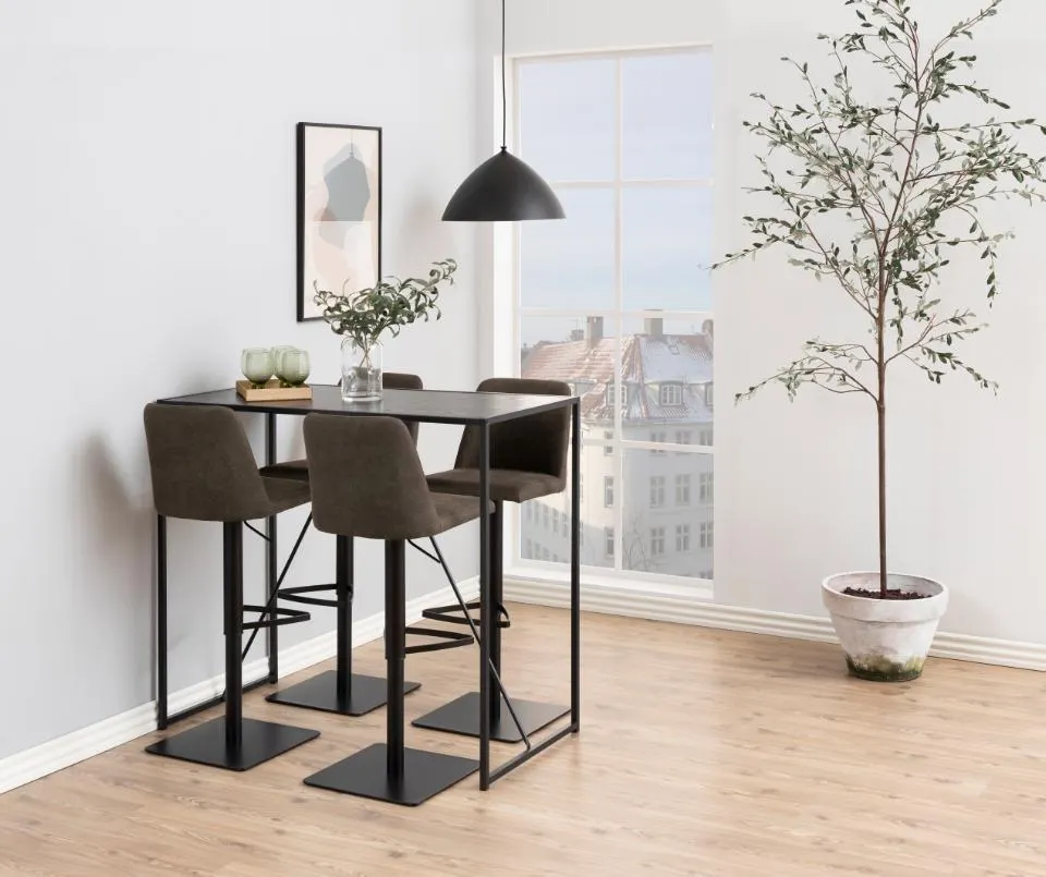 image stół wysokościowy, barowy, czarny, metalowy, krzesła tapicerowane