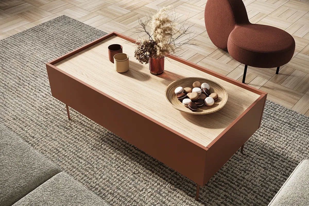 Ława DESIN 120 z 2 szufladami - czerwony ceglany / dąb nagano - B_149039