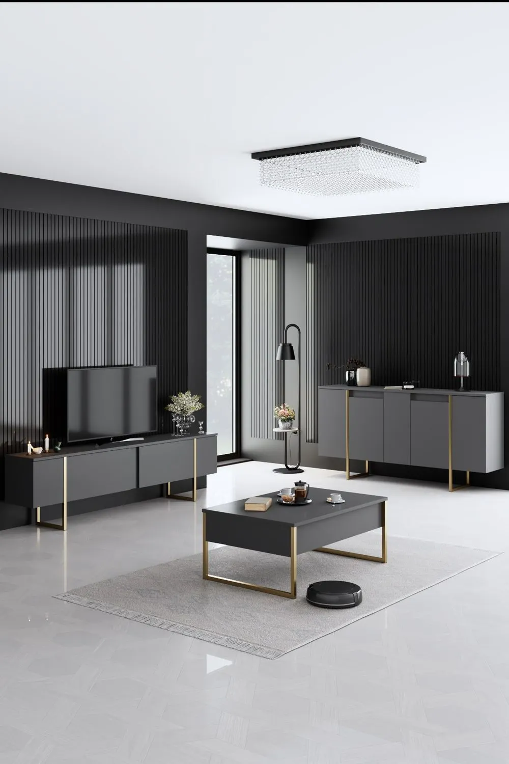 Komoda 4-drzwiowa LUXE 160 cm antracytowa złoty stelaż — zdjęcie 5