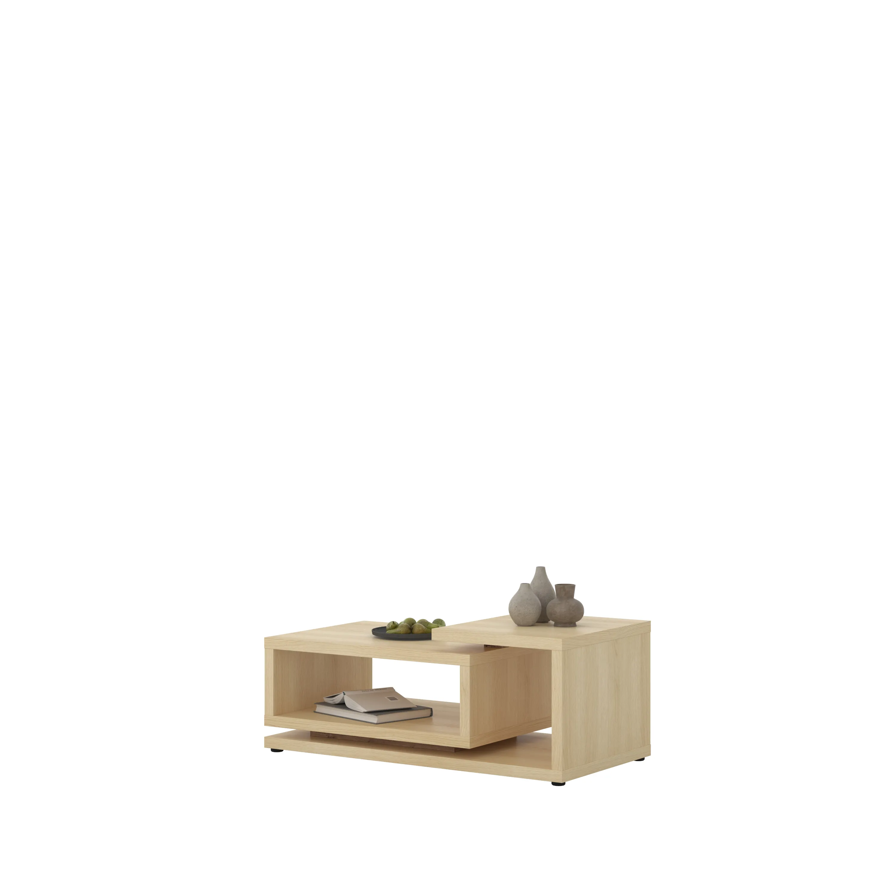 image stolik, stół kawowy, drewniany, otwarta półka, dekoracje miski