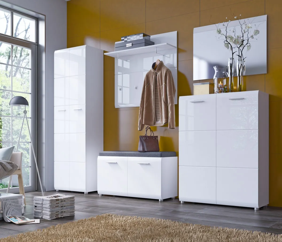 SZAFKA NA BUTY Z SIEDZISKIEM MERANO MEOG03 NISKA BIAŁA ALPEJSKA/PVC BIAŁY POŁYSK - 6000000007864