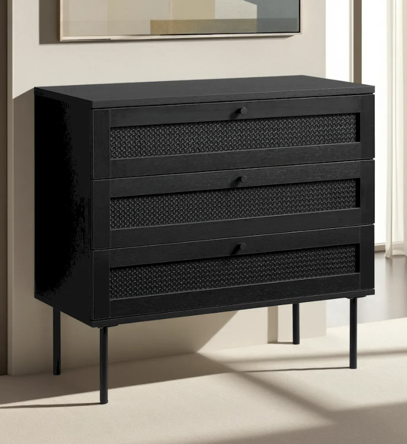 Komoda z 3 szufladami PENSACOLA 80x75 rattan/czarna - UN_44631013