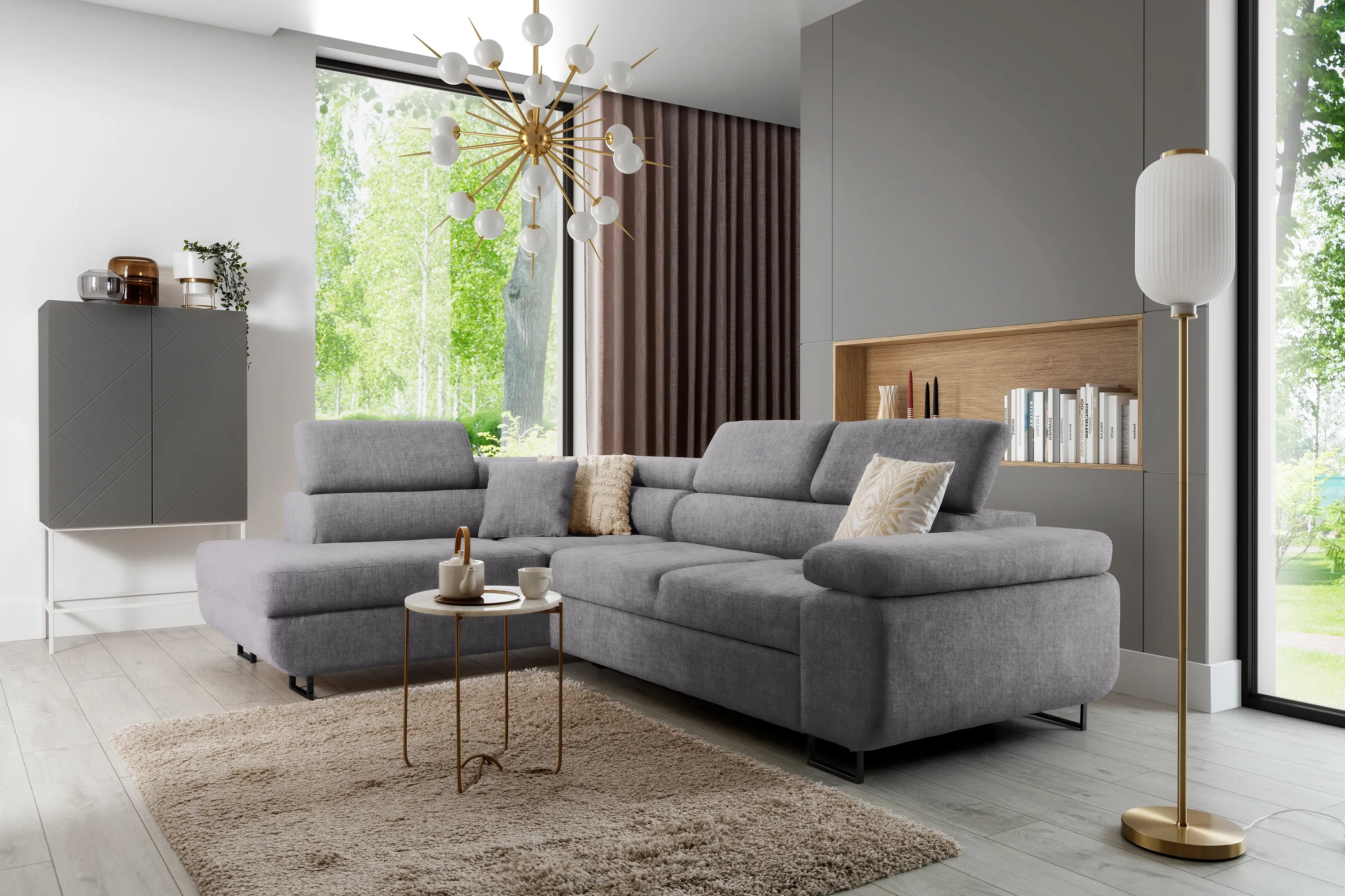 Narożnik lewostronny ANNABELLE L regulowane zagłówki nogi czarne tkanina Vogue 14 szary - B_165778