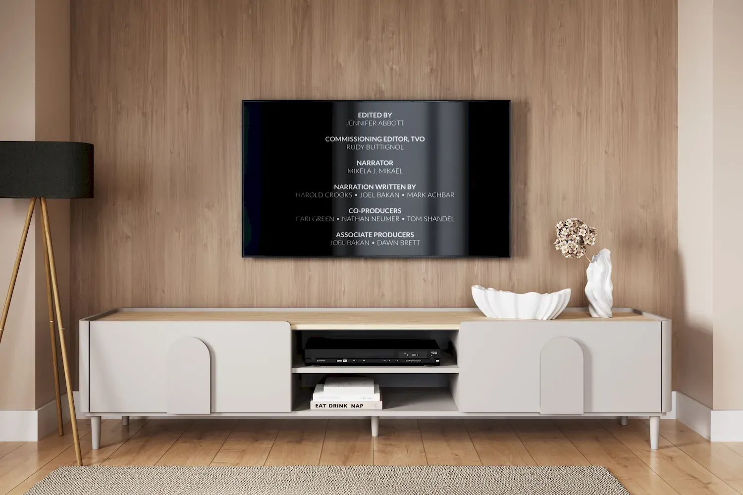 Safka RTV z klapą i szufladą AMILIO 220 - cashmere dąb olejowany uchwyty cashmere nogi cashmere - B_169217