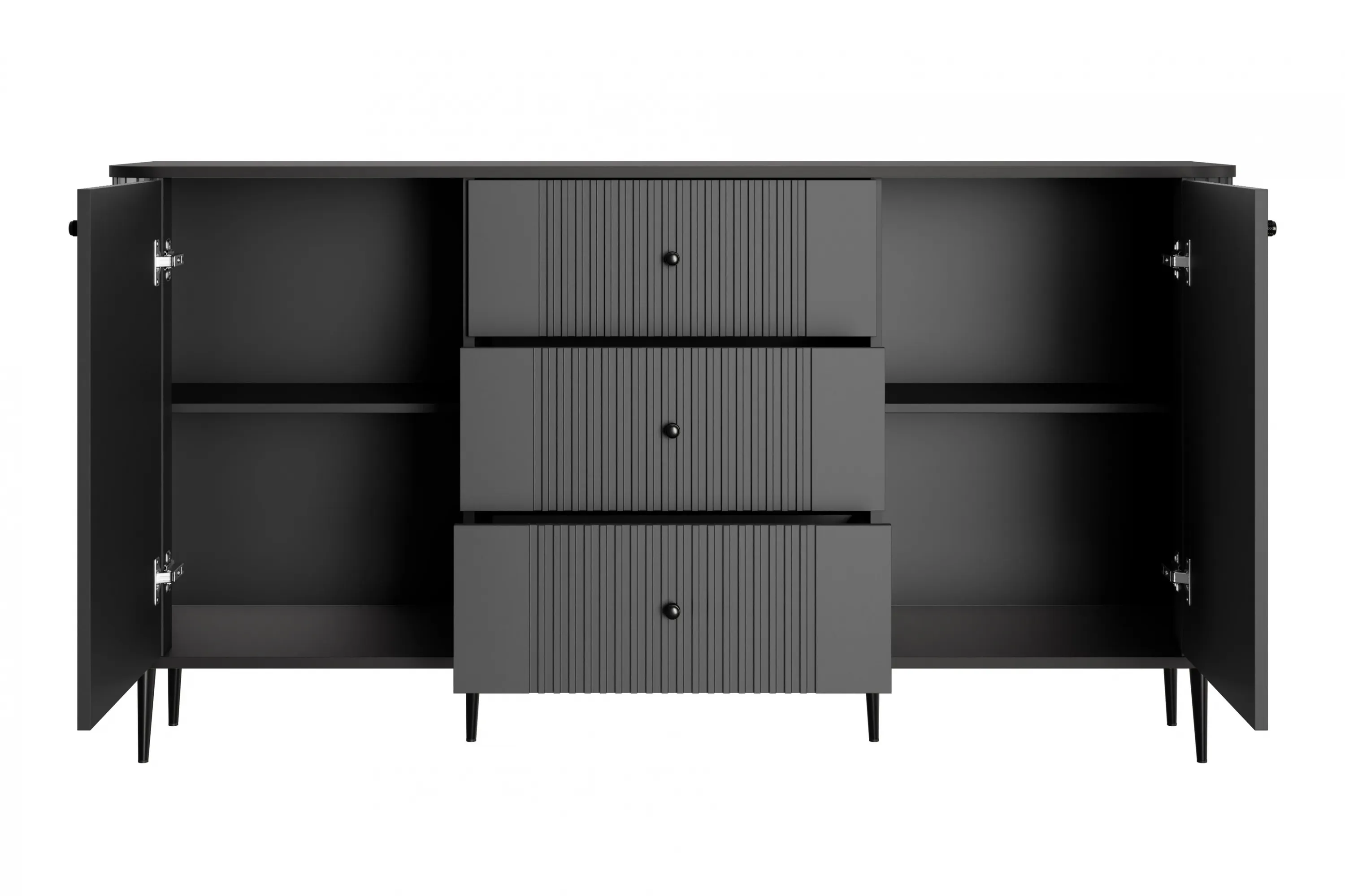 Komoda 2-drzwiowa z 3 szufladami VESPER 160 ryflowany front czarna czarne nogi - B_163613