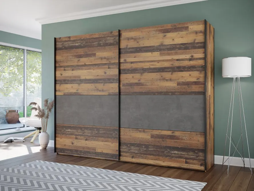 Szafa 2-drzwiowa CLIF drzwi przesuwne z panelem 270 cm, old wood vintage, beton - RCQS12411-C754