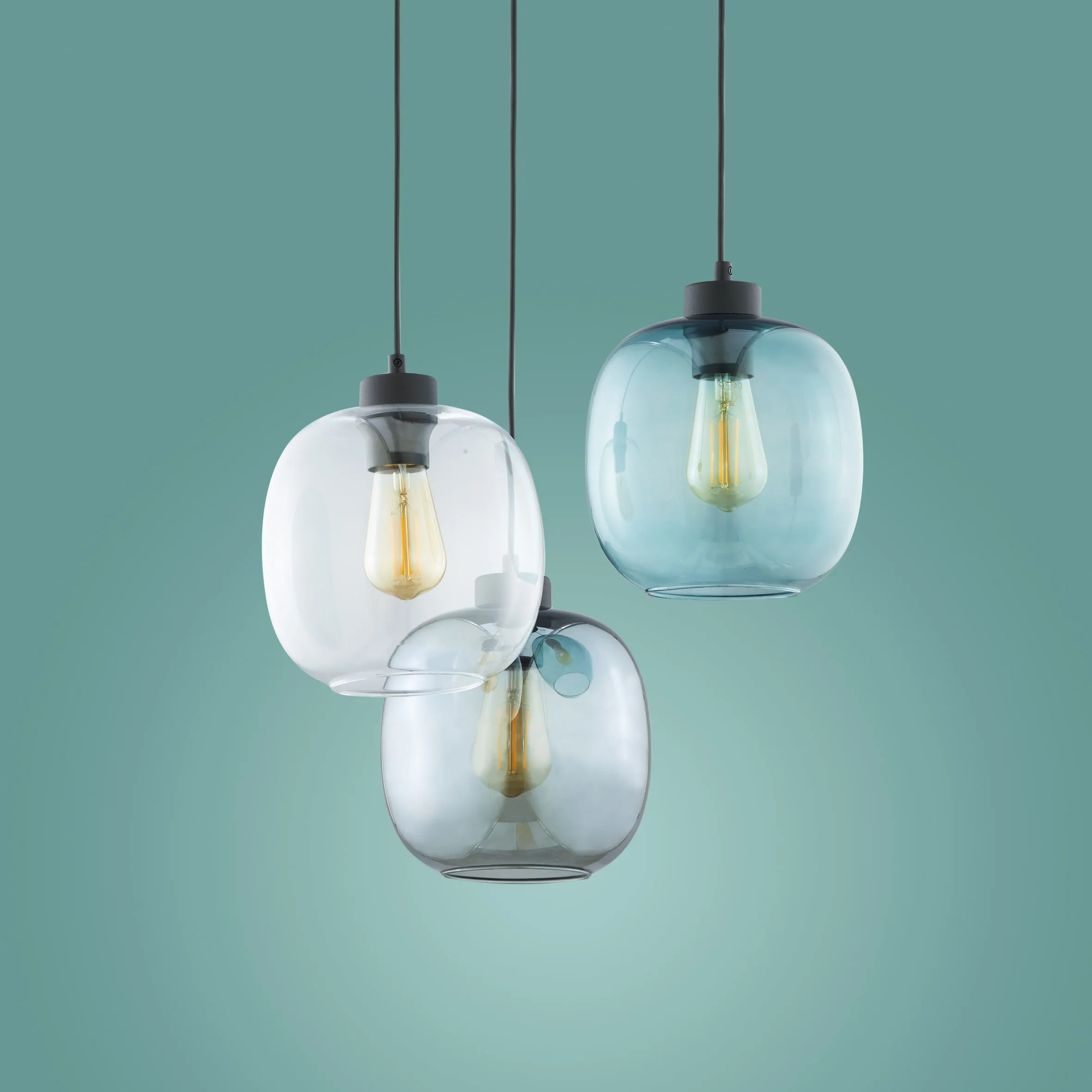 Lampa wisząca ELIO czarna na okrągłej podstawie z różnokolorowymi transparentnym szarym niebieskim szklanym kloszem 100x52cm - TK_3184