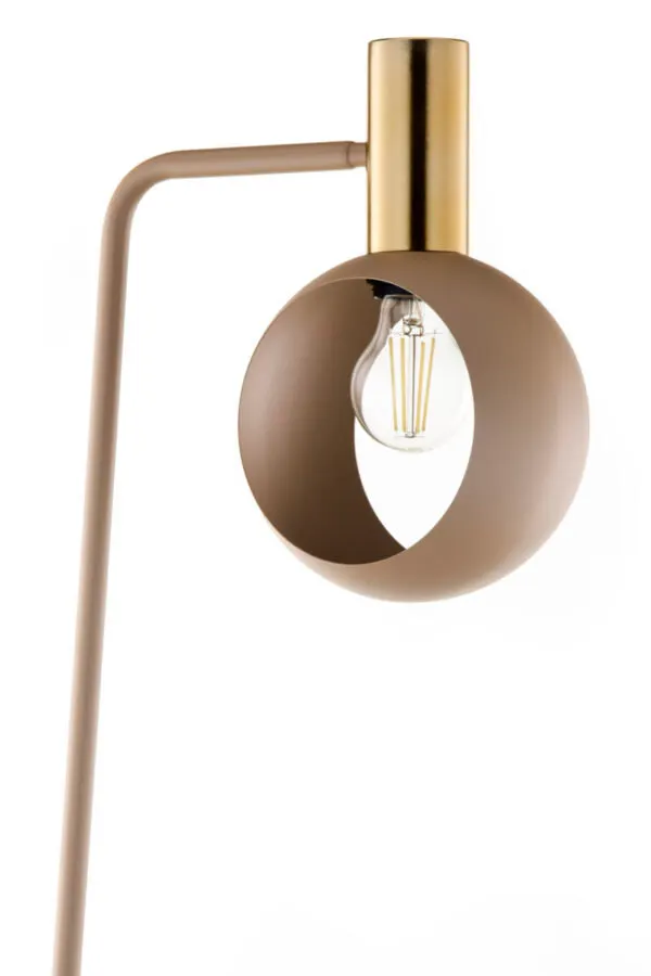 lampa stojąca, lampa dekoracyjna, metal, bombka żarówki, brązowy kolor