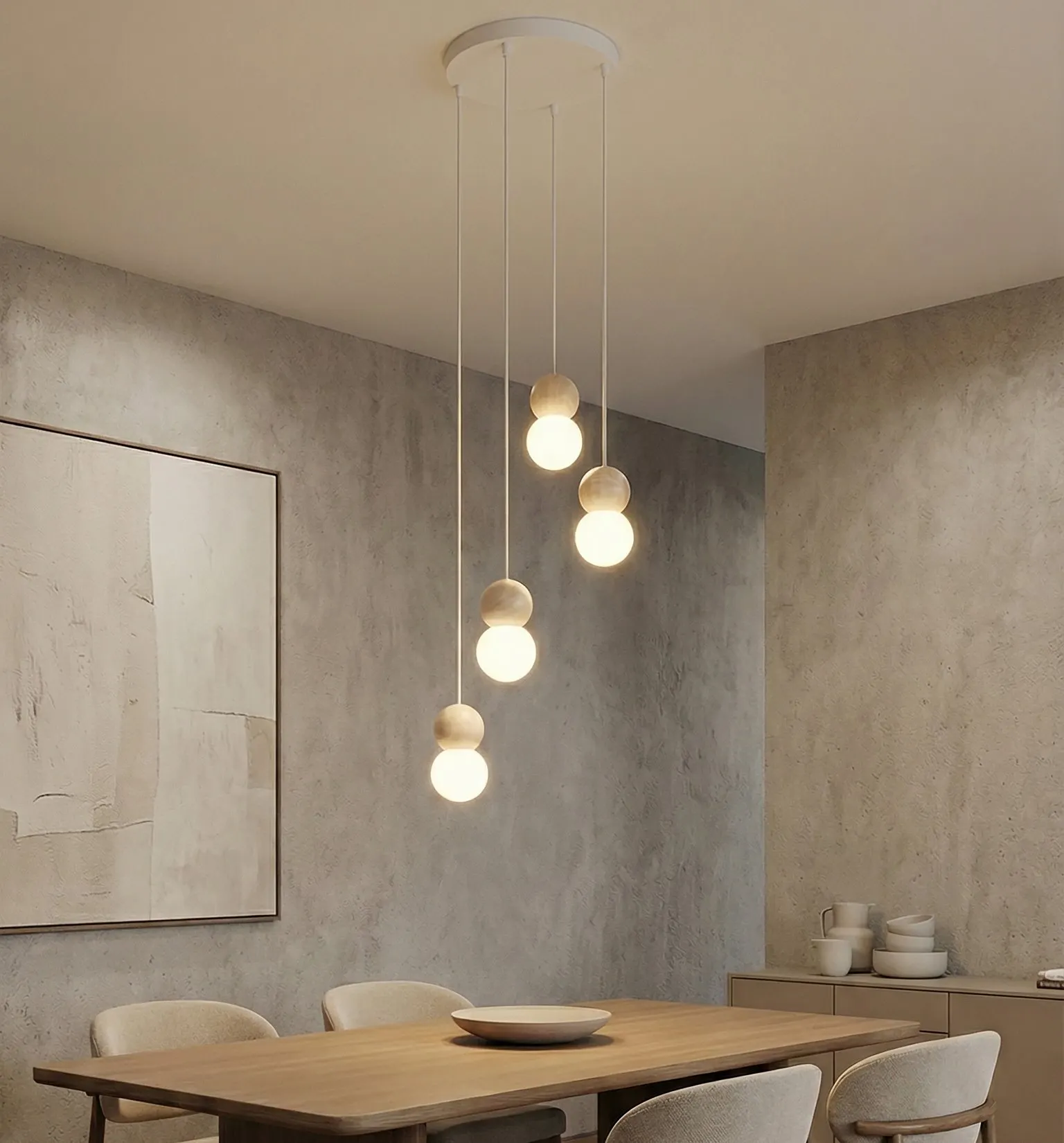 image lampa wisząca, piekie rogi, kule świetlne, wnętrze jadalni, minimalistyczny design