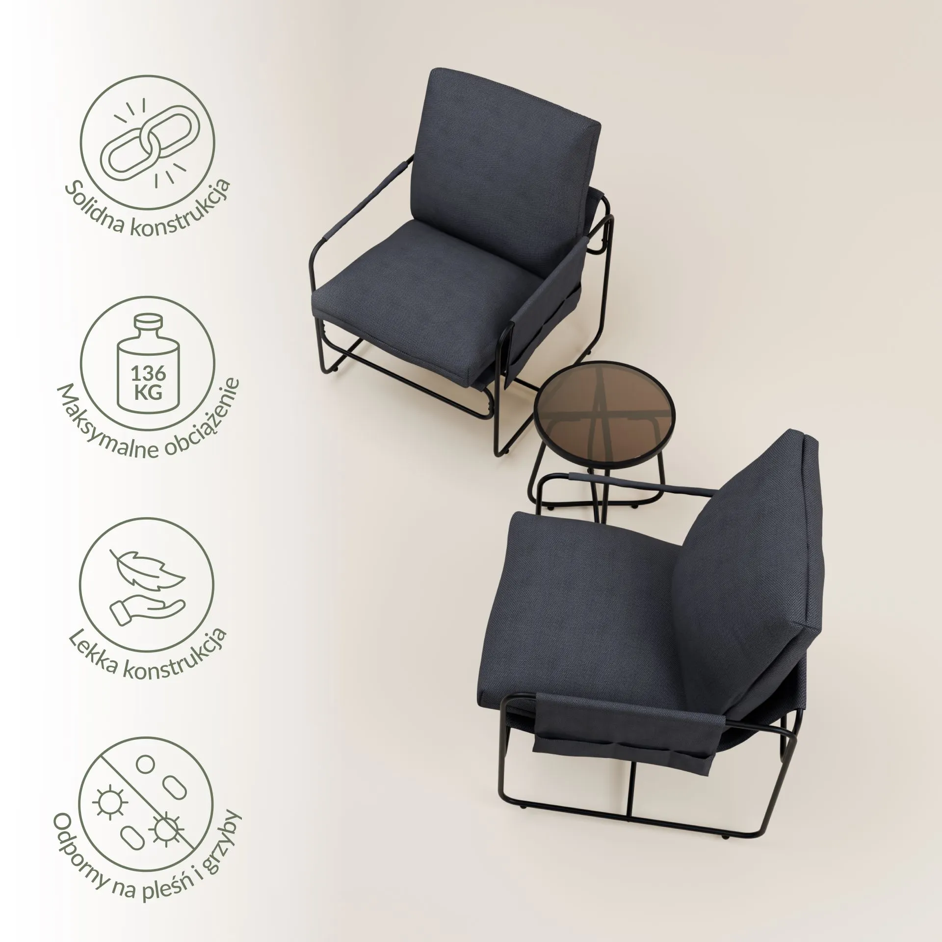 Zestaw ogrodowy balkonowy NATTY 3-set szary Zenjoy - NATTY_SZARY