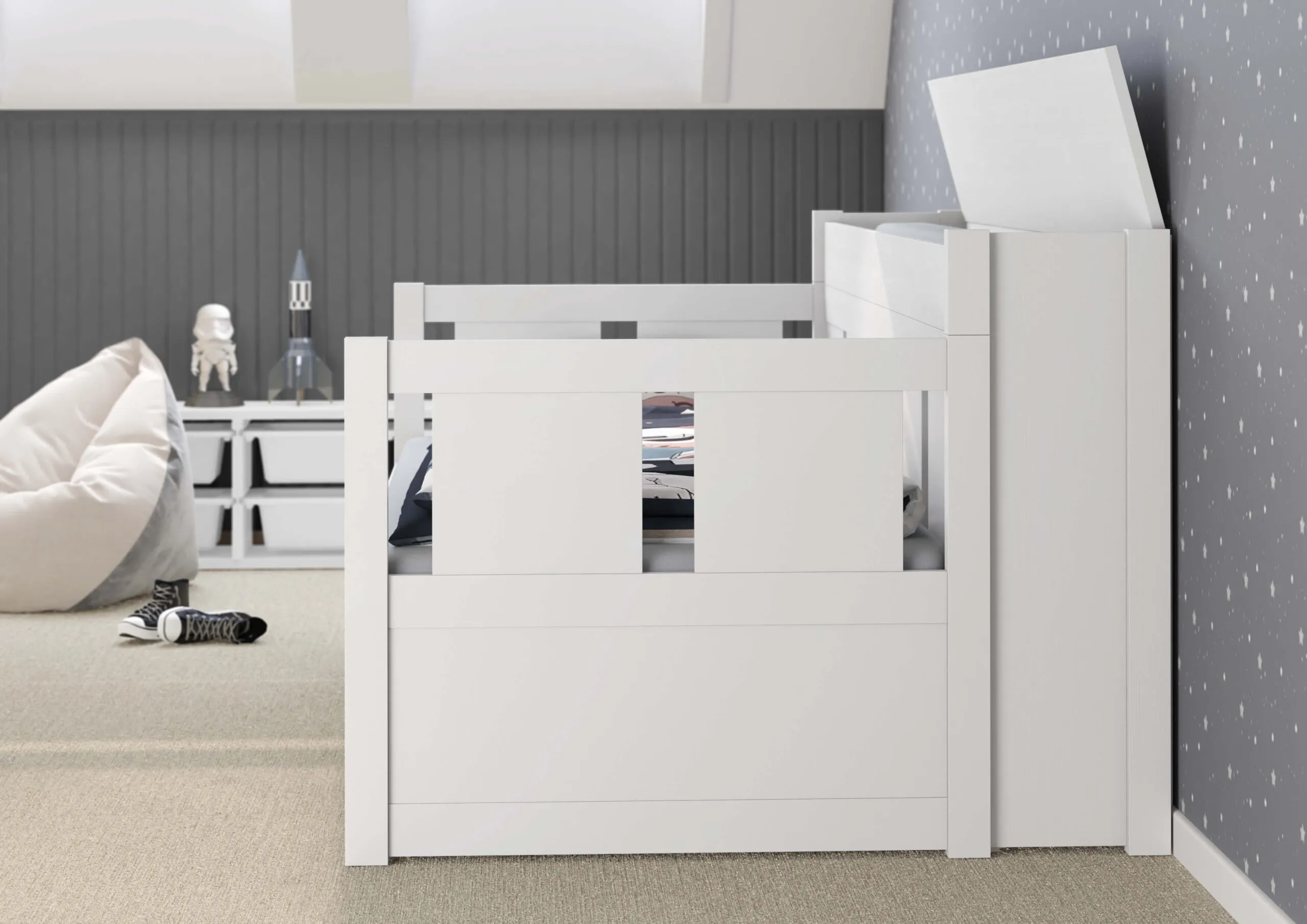 Łóżko drewniane rozkładane MOON 90x200 z oparciem białe - LMOONBIA90