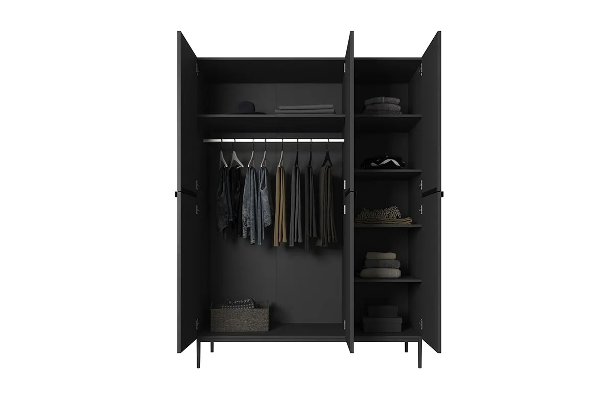 Szafa 3-drzwiowa NICOLE 150 z półkami i drążkiem - czarny mat - czarny stelaż - B_148489