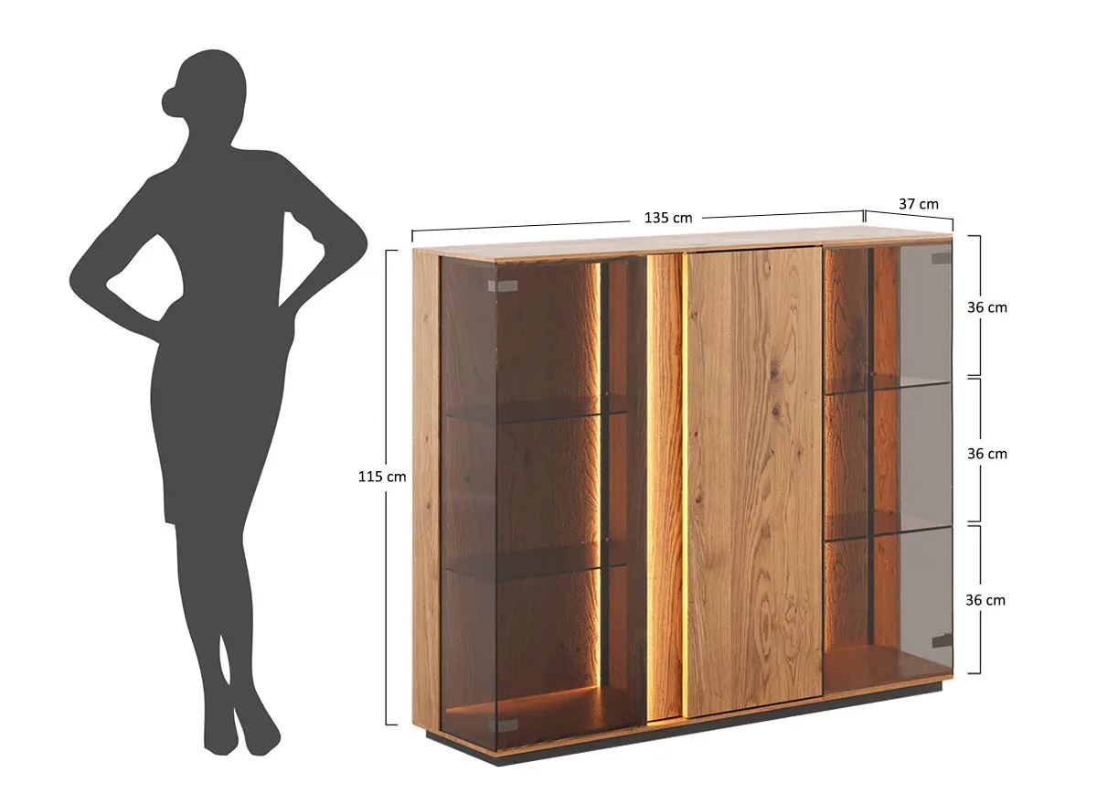 Witryna niska szklana dębowa COLLODI z oświetleniem - dąb olejowany - ZICOL13