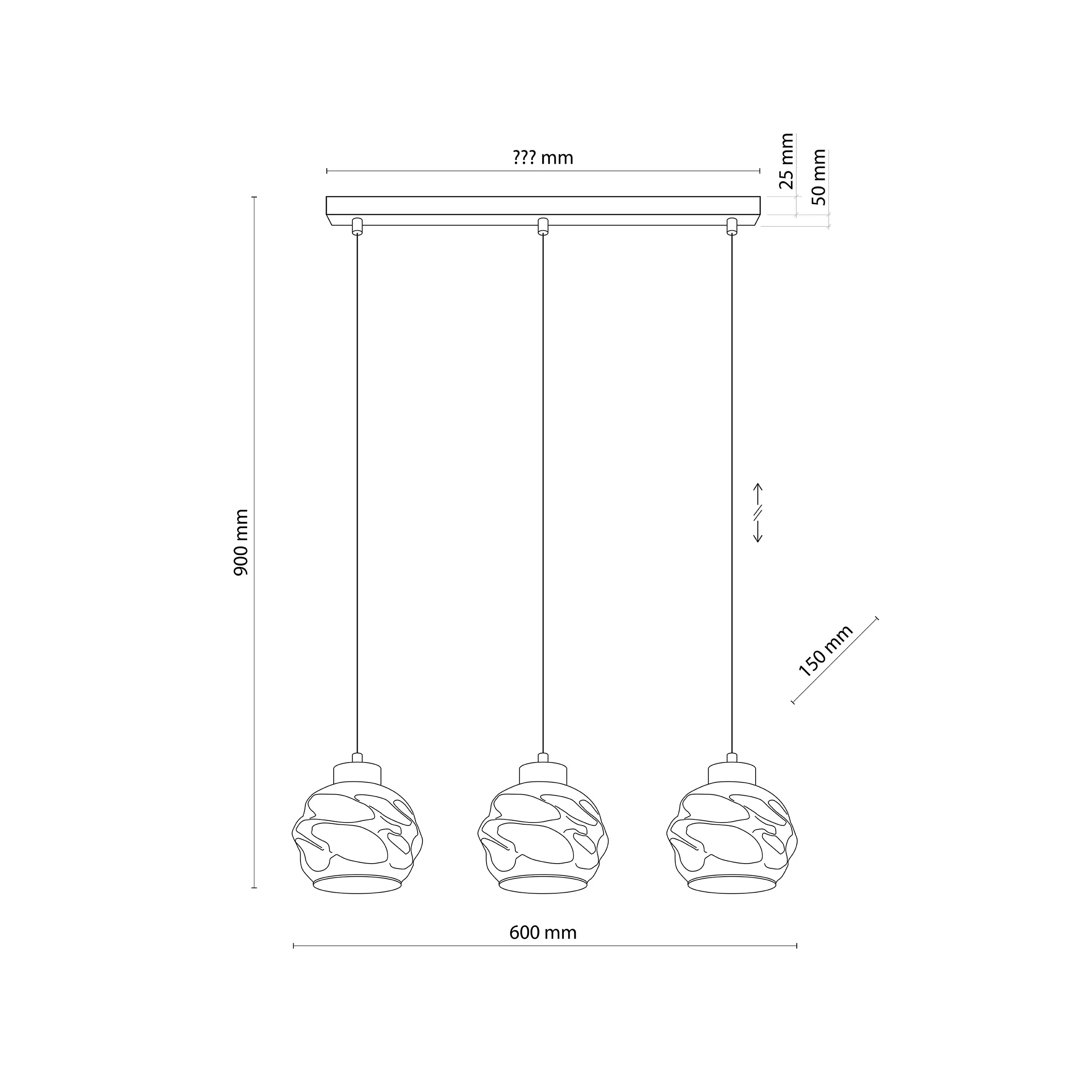 Lampa wisząca ZULIA czarna na listwie z szarymi szklanymi okrągłymi kloszami 90x59x15cm - TK_5725