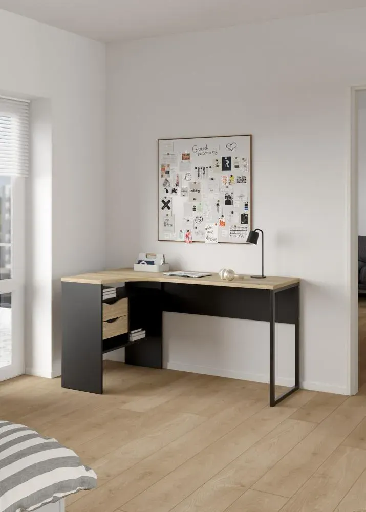Narożne biurko z 2 szufladami FUNCTION PLUS 145cm czarny mat/dąb - TV_80118GMAK