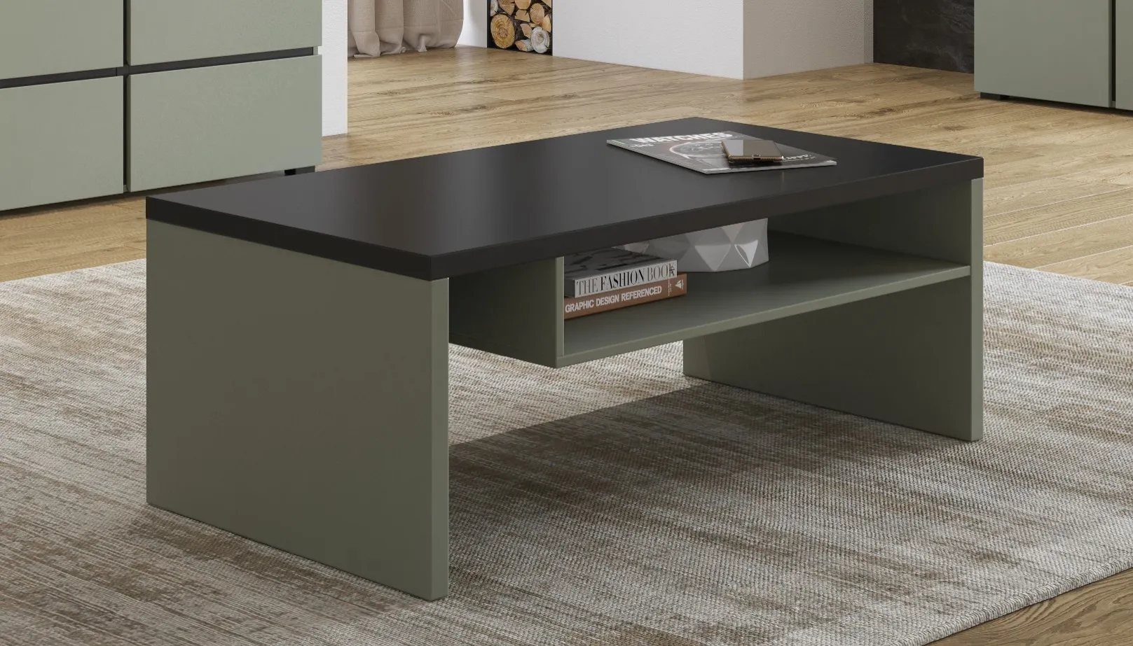 Stolik kawowy z półką CROSS 60x120 zielony/czarny blat - 24GWMY99