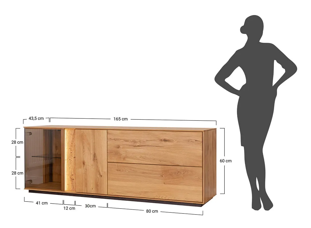 Komoda TV dębowa COLLODI z przeszkleniem i oświetleniem 165 cm - dąb olejowany - ZICOL08